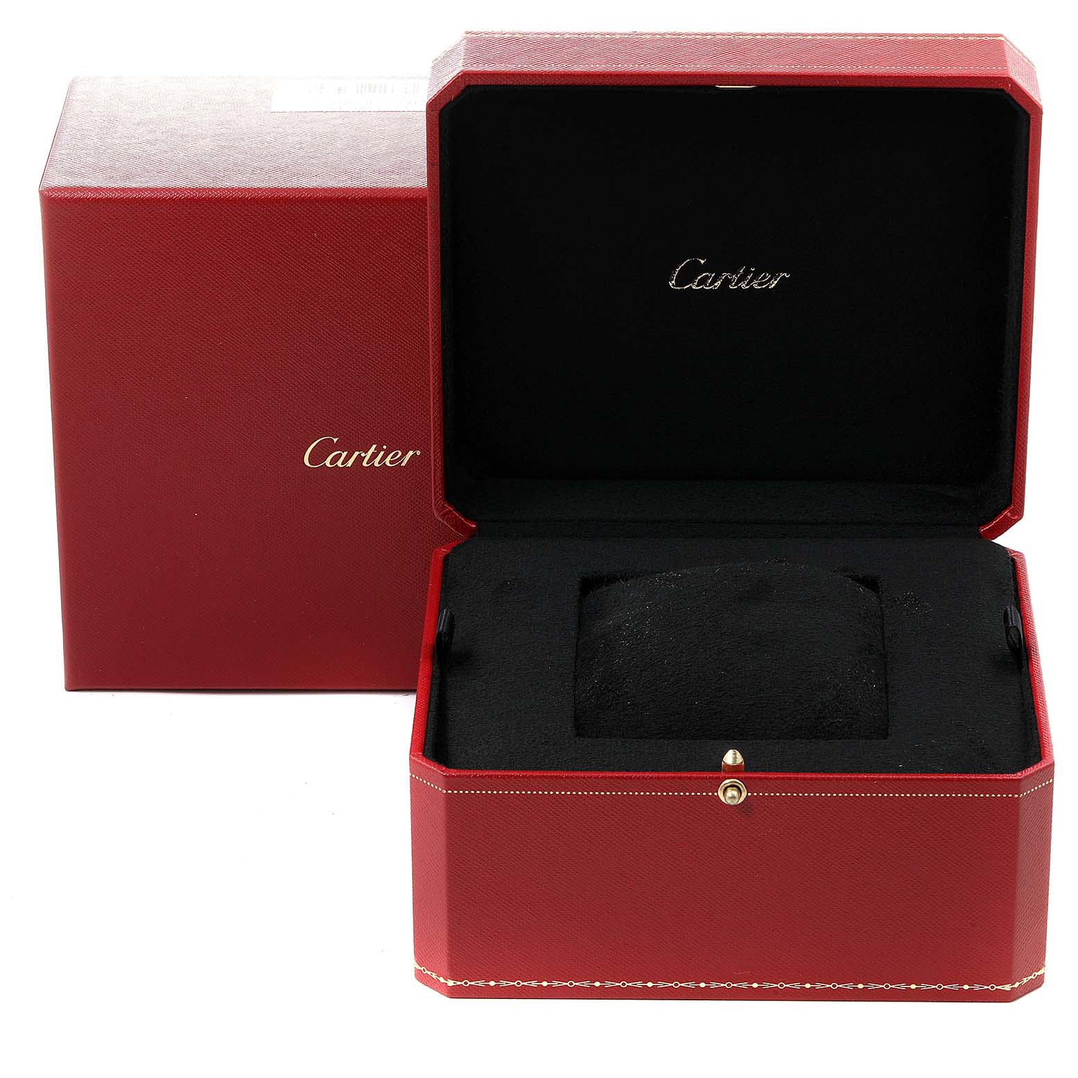 The image shows an open red Cartier box for the Tank MC model watch, with a cushion and outer red box.