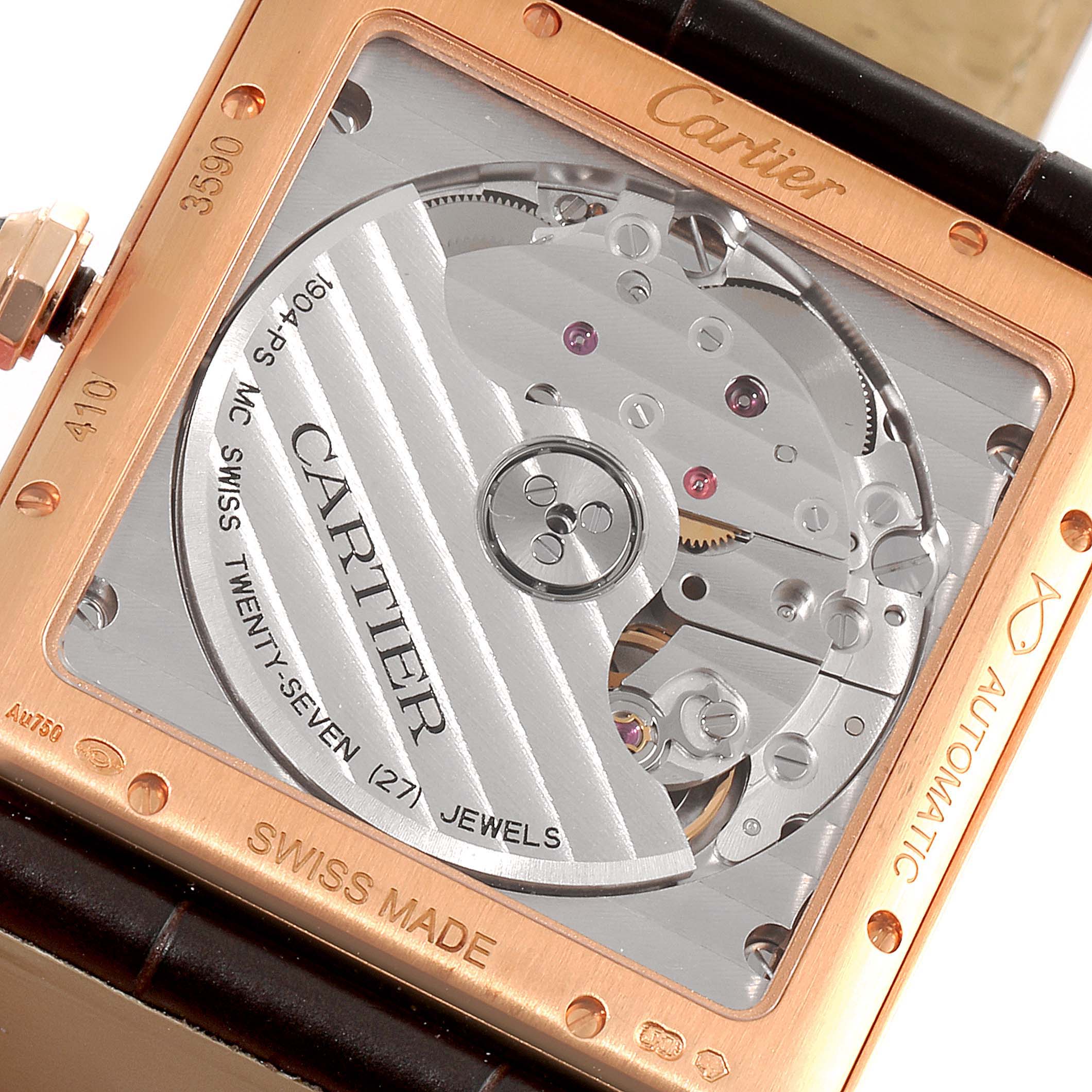 The image shows the back of a Cartier Tank MC W5330002 Men's Rose Gold Brown Dial W5330002 Men's Rose Gold Brown Dial watch, highlighting the automatic movement and intricate mechanics.