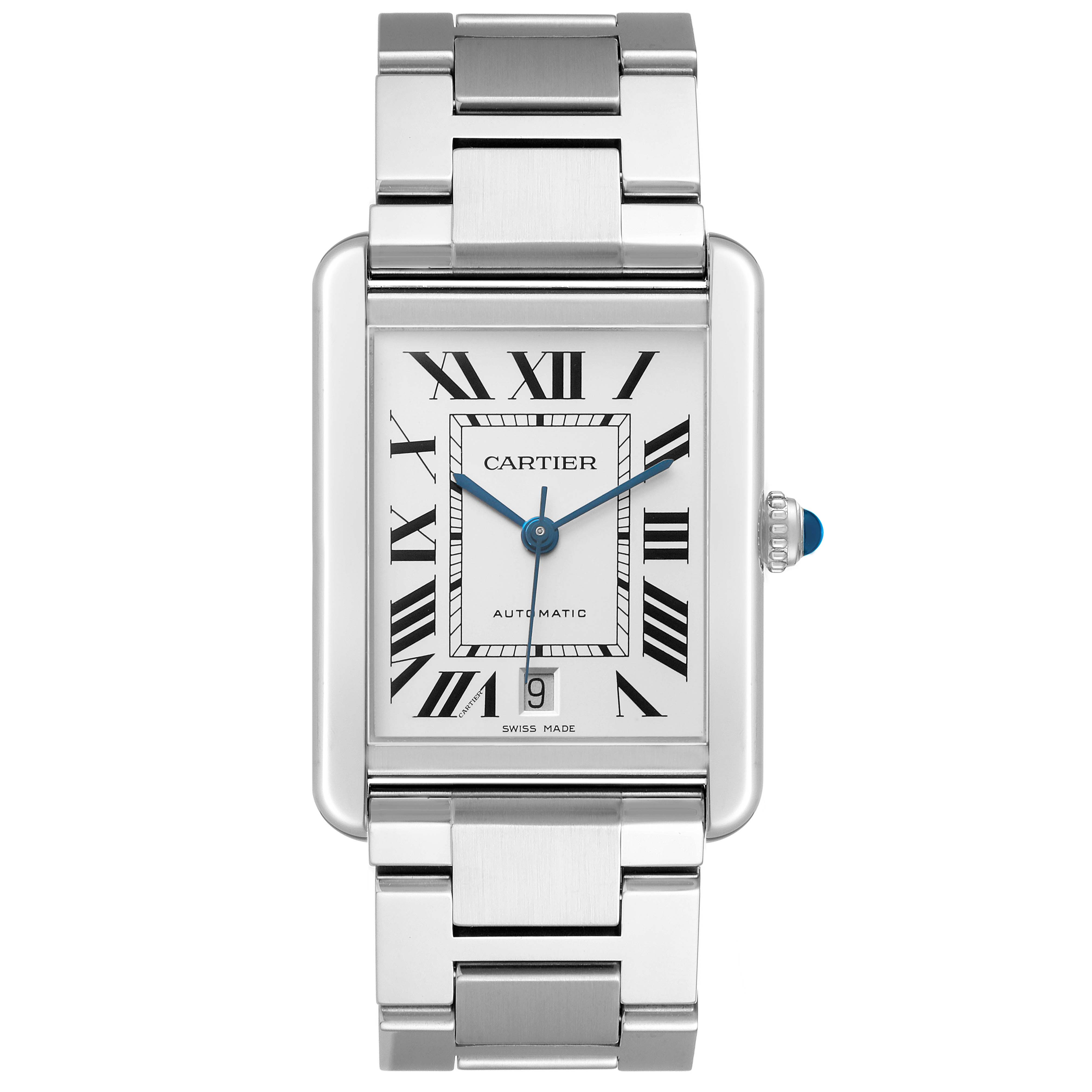 The Cartier Tank Solo W5200028 Men's Stainless Steel Silver Dial watch is shown from the front, displaying the dial, bracelet, and crown.