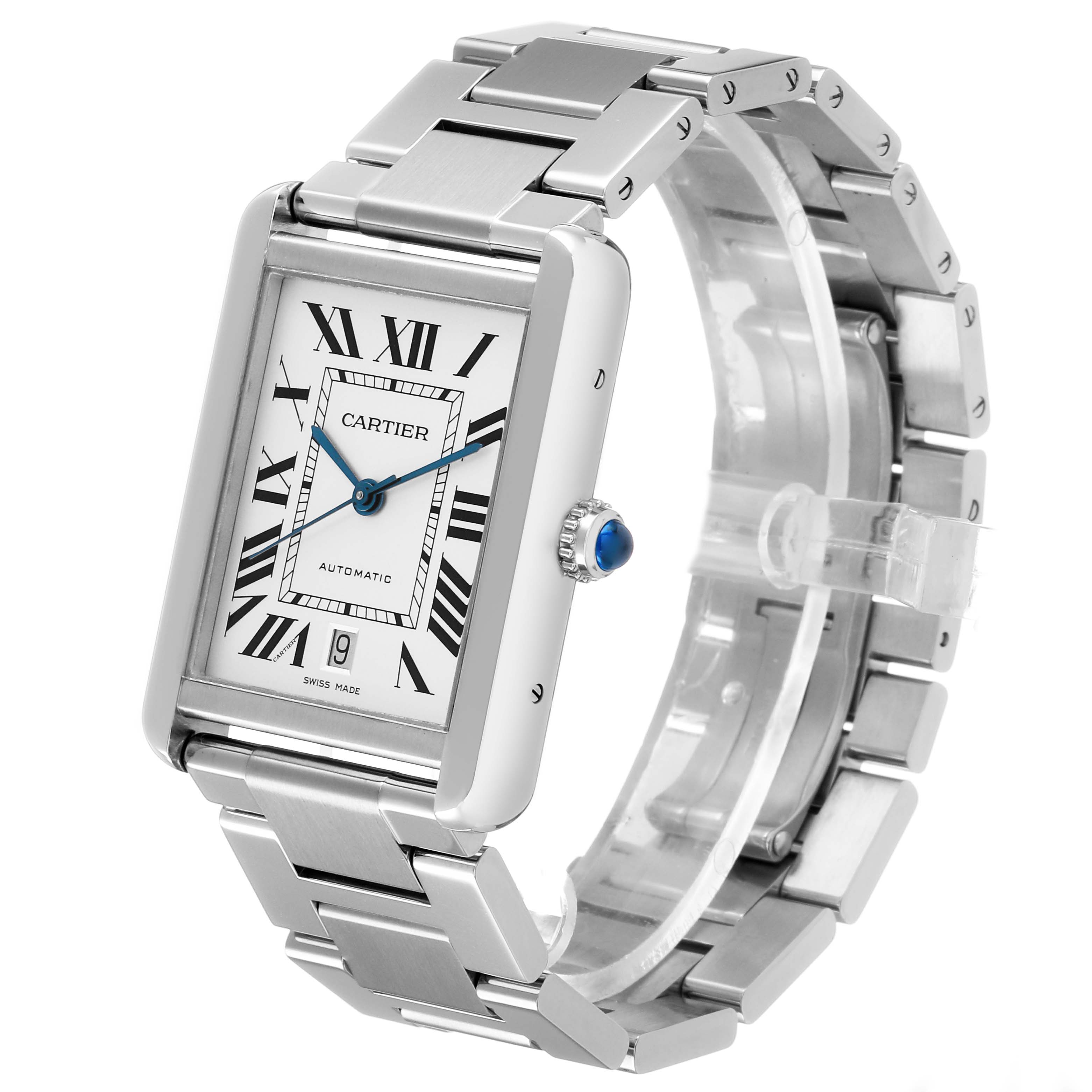 The Cartier Tank Solo W5200028 Men's Stainless Steel Silver Dial watch is shown from a three-quarter angle, highlighting its face, bracelet, and crown.