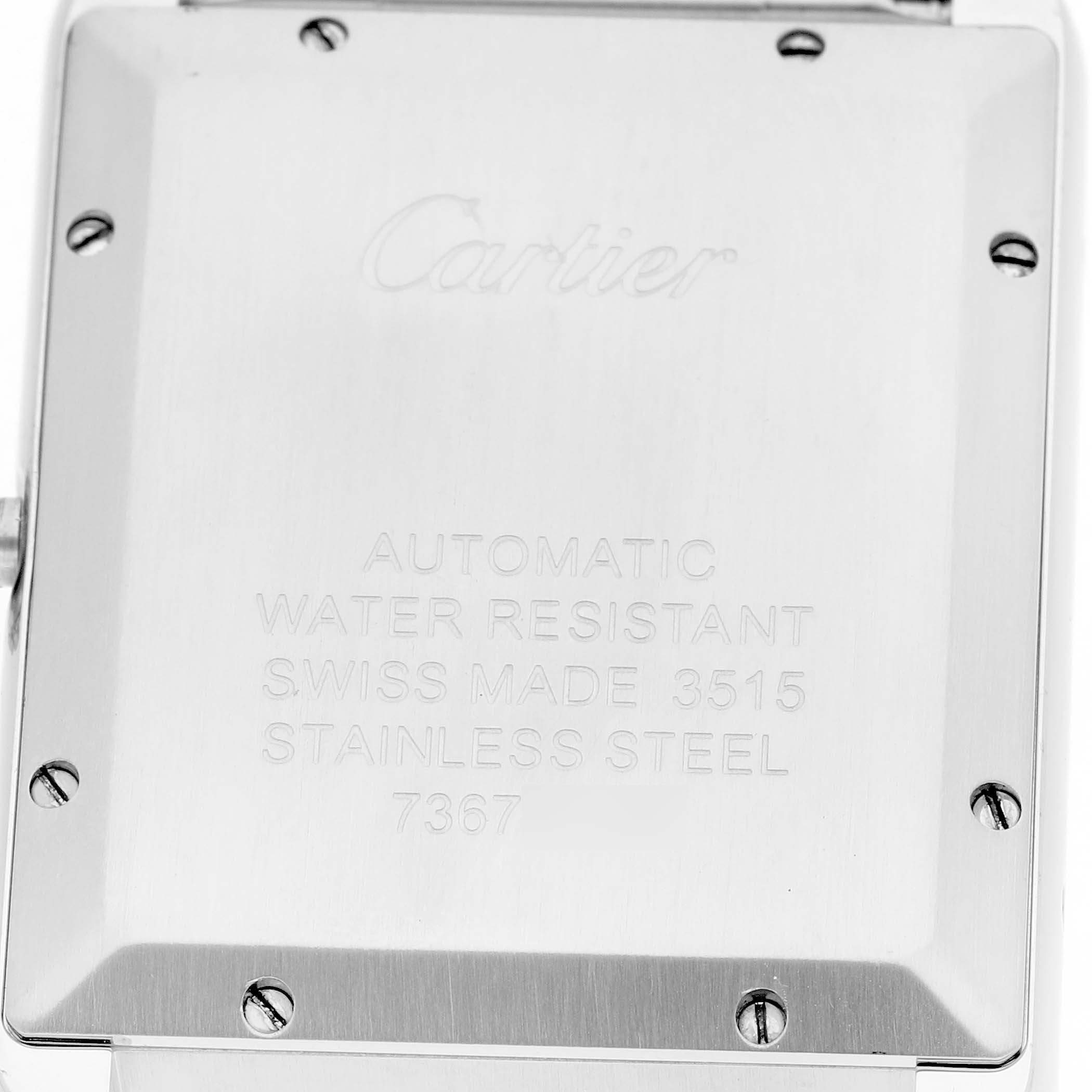 The image shows the back case of the Cartier Tank Solo W5200028 Men's Stainless Steel Silver Dial watch, highlighting engravings and screws.