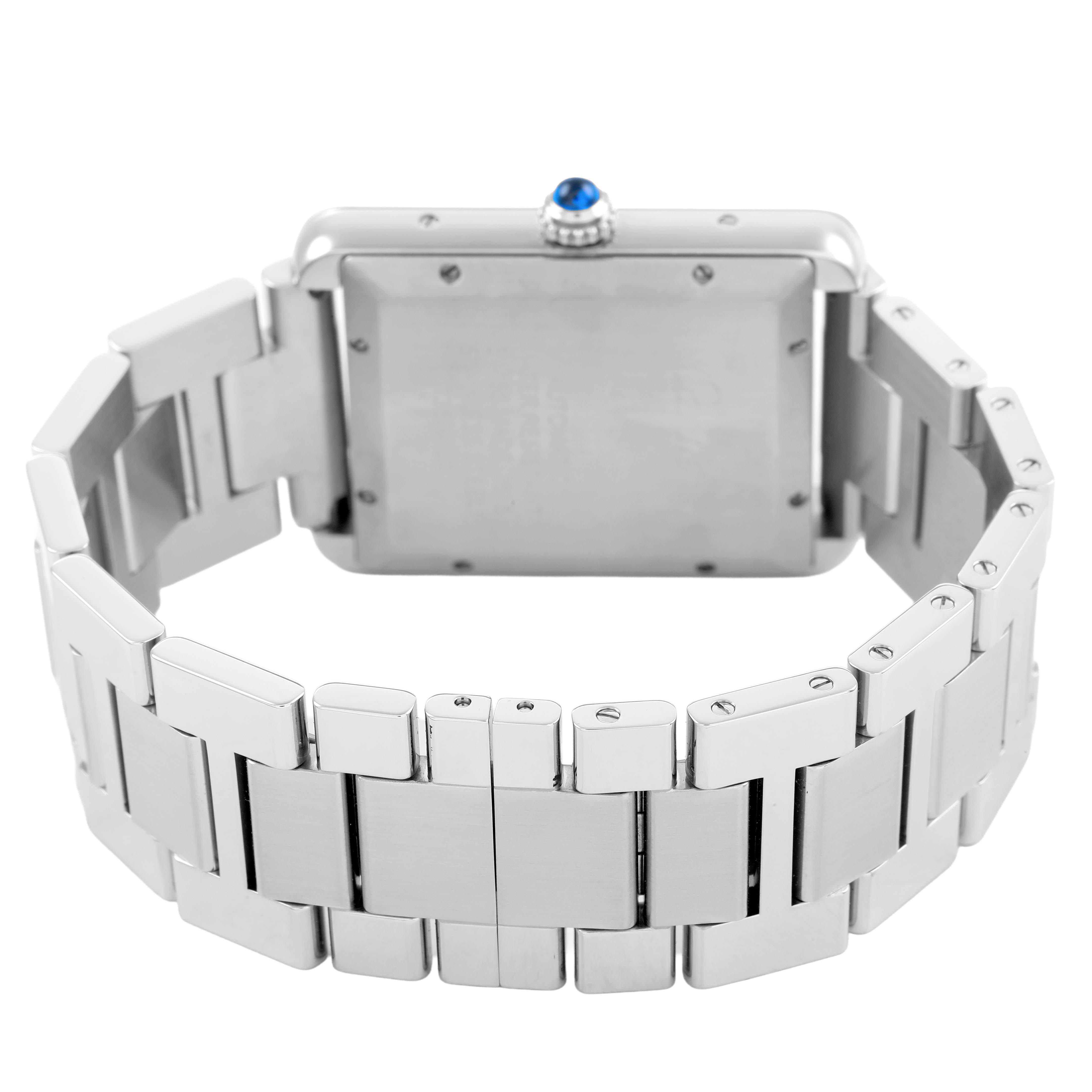The image shows the back of the Cartier Tank Solo W5200028 Men's Stainless Steel Silver Dial watch, highlighting its stainless steel bracelet and case, with a visible crown.