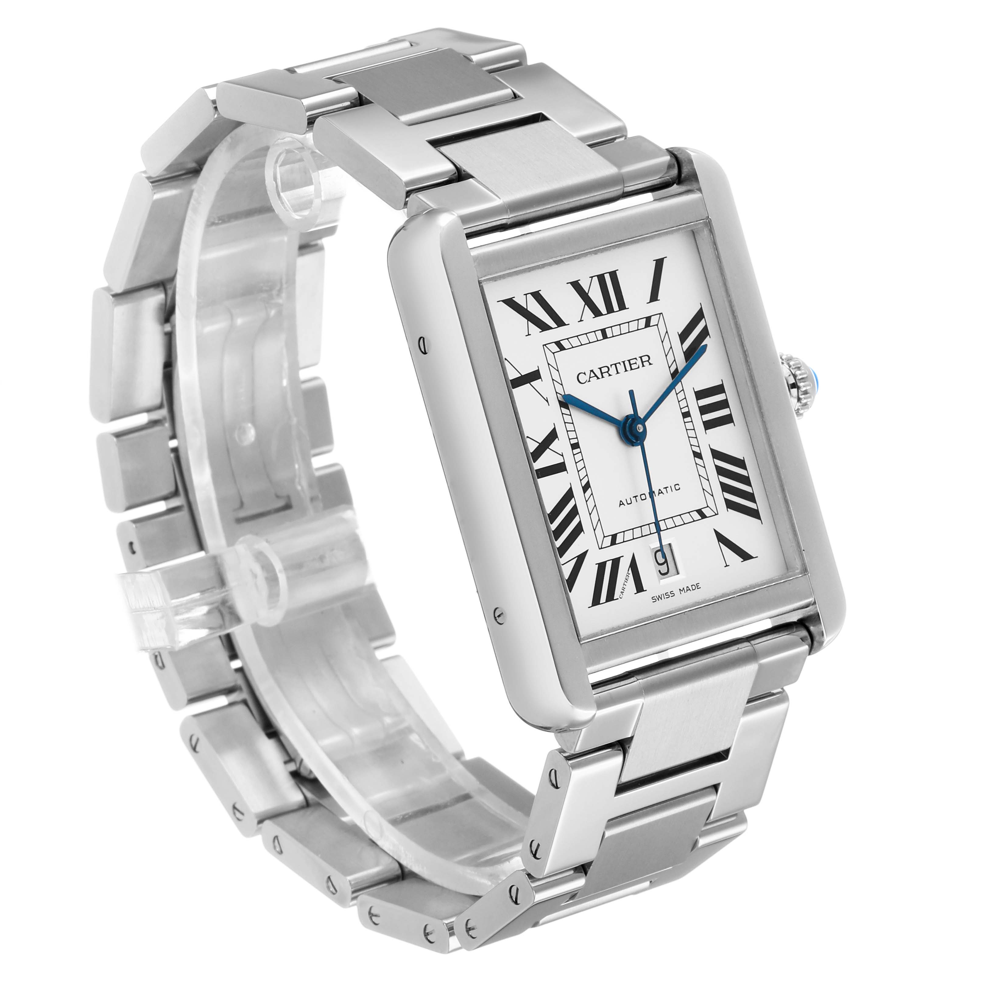 The Cartier Tank Solo W5200028 Men's Stainless Steel Silver Dial watch is shown at a slight angle, highlighting its rectangular face and stainless steel bracelet.