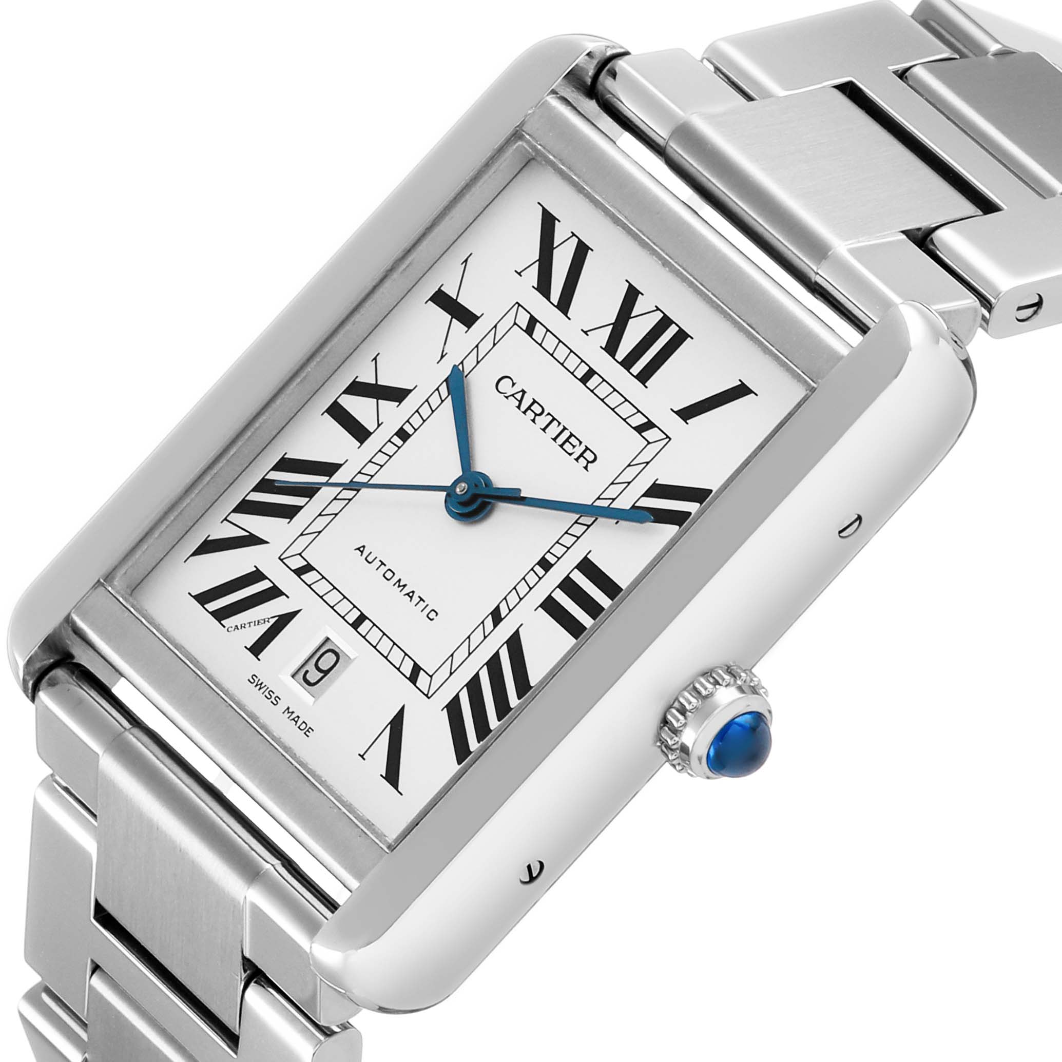 The Cartier Tank Solo W5200028 Men's Stainless Steel Silver Dial watch is shown at an angled view, highlighting its rectangular face, Roman numerals, blue hands, crown, and metal bracelet.