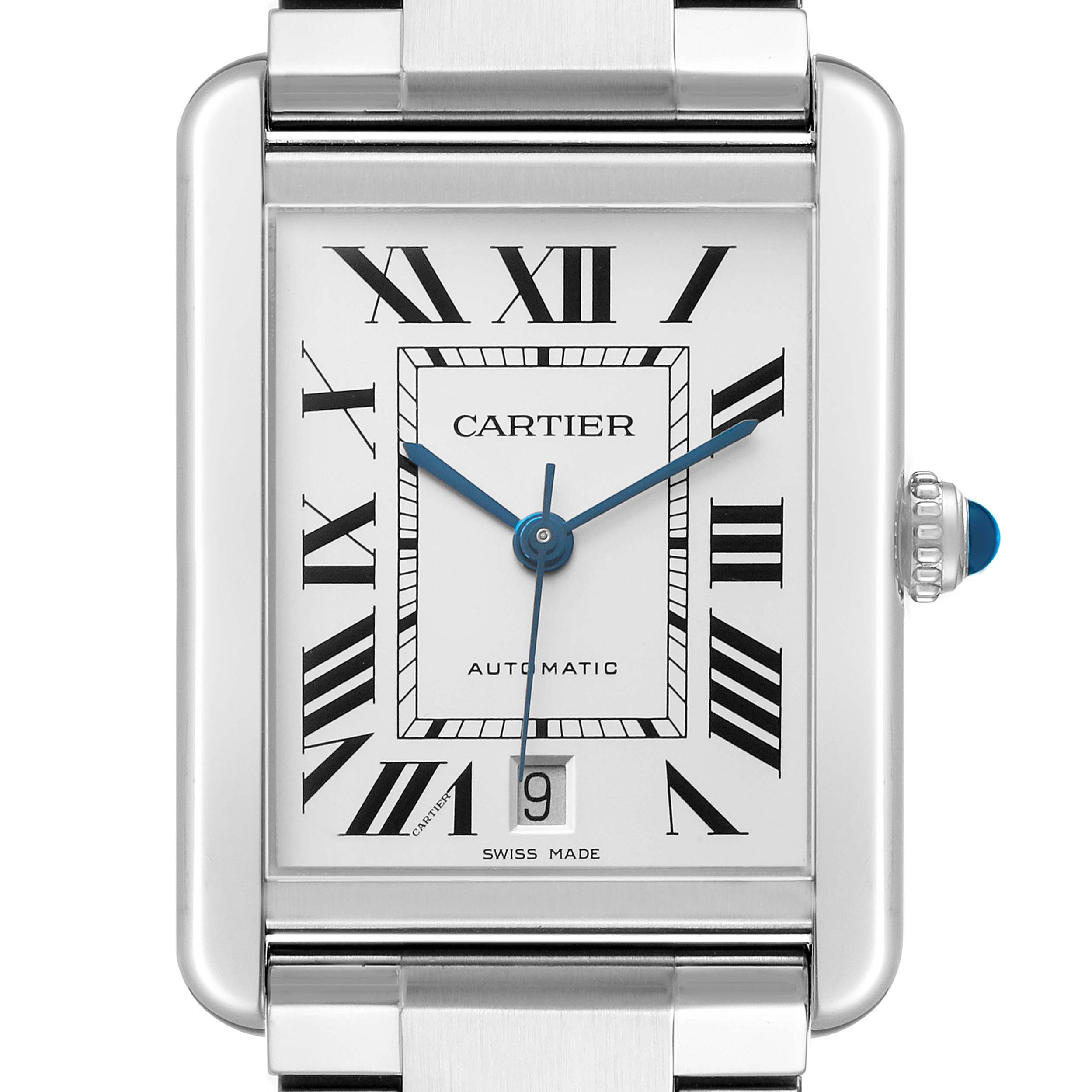 The Cartier Tank Solo W5200028 Men's Stainless Steel Silver Dial watch is shown from the front, displaying the face, Roman numerals, hands, and date window.