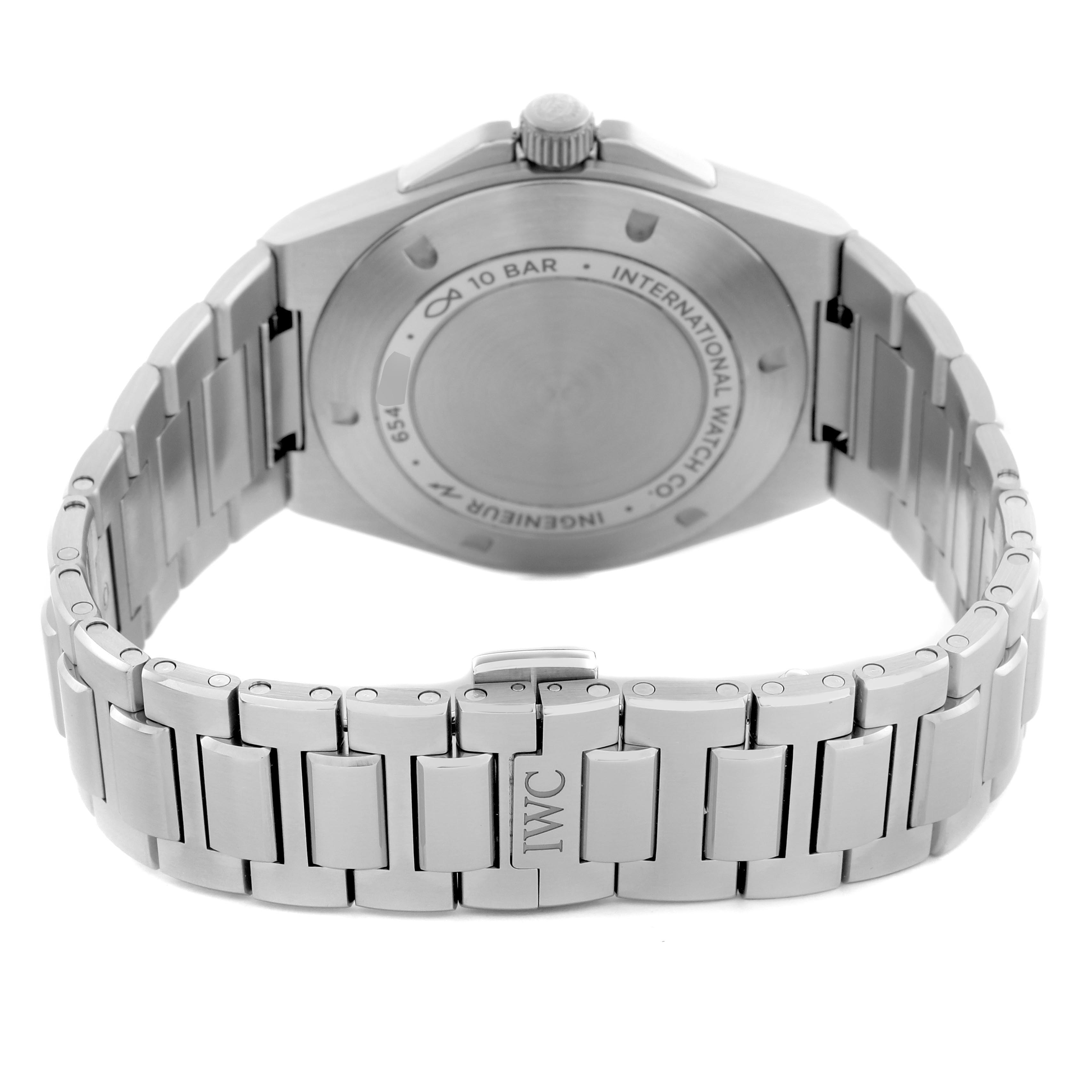 The image shows the back view of an IWC Ingenieur IW328907 Men
s Stainless Steel Blue Dial IW328907 Men
s Stainless Steel Blue Dial watch, highlighting the clasp, bracelet, and case back details.