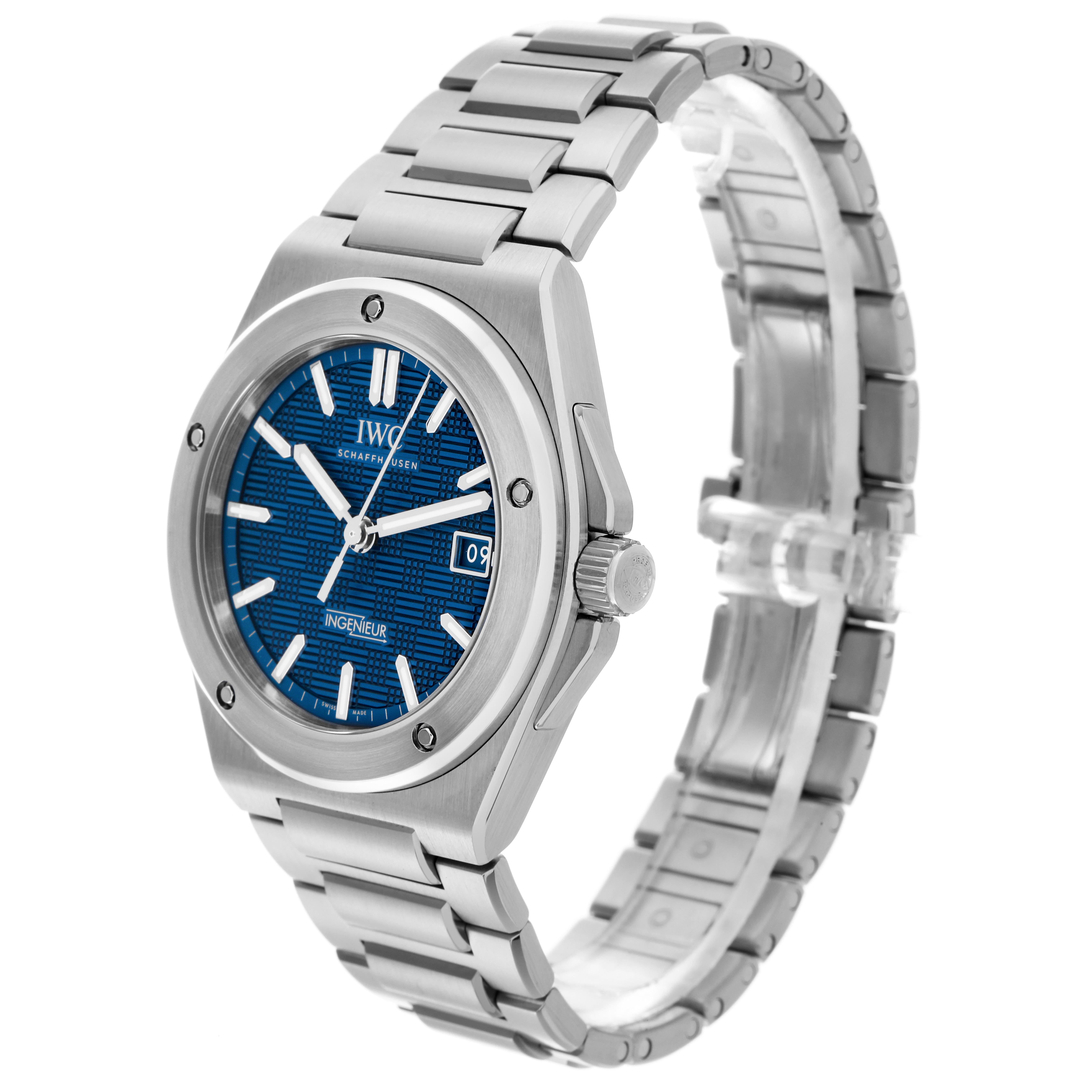 The IWC Ingenieur IW328907 Men
s Stainless Steel Blue Dial IW328907 Men
s Stainless Steel Blue Dial watch is shown at a three-quarter angle, highlighting the blue dial, case, and metal bracelet.