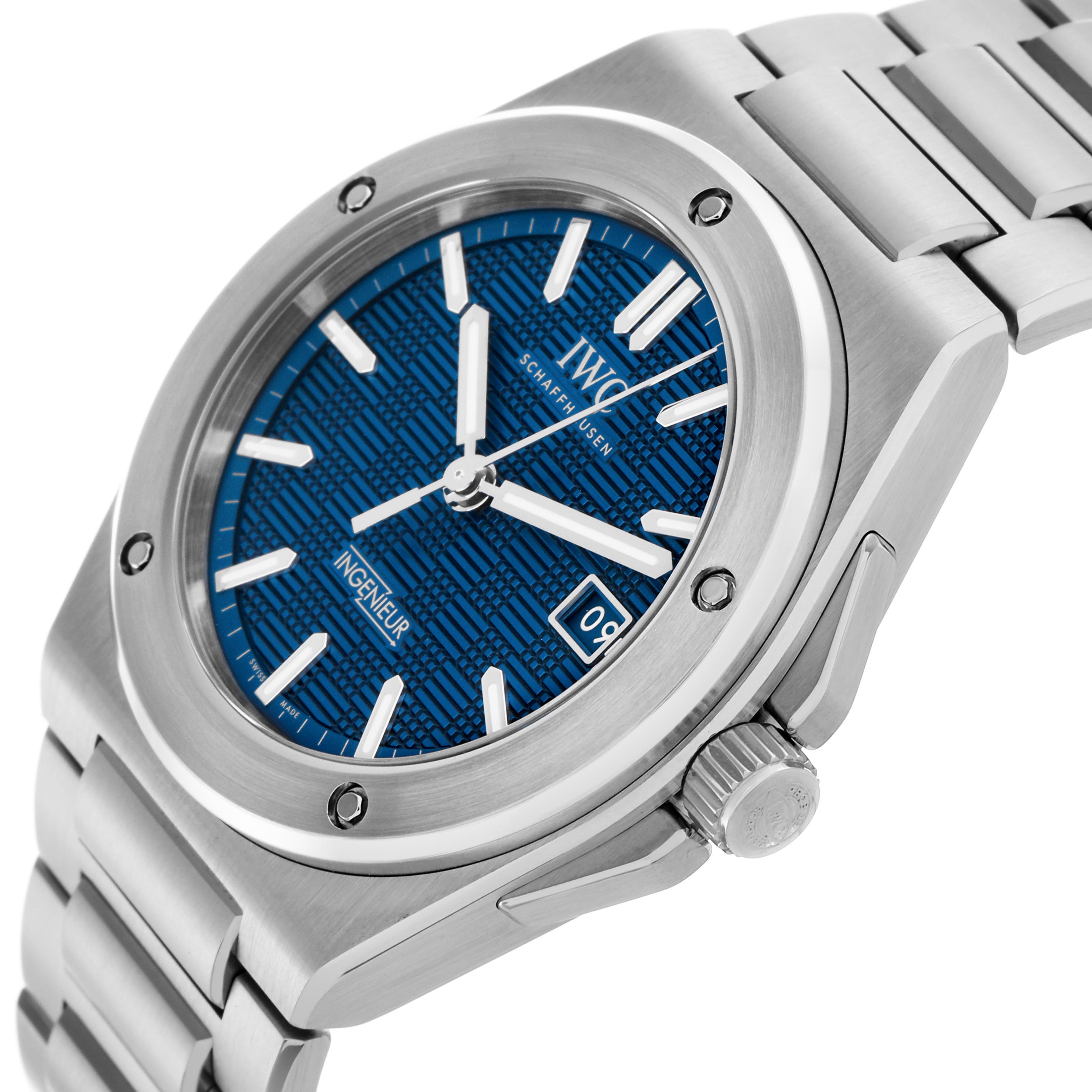 The IWC Ingenieur IW328907 Men
s Stainless Steel Blue Dial IW328907 Men
s Stainless Steel Blue Dial watch is shown at an angle highlighting the blue dial, bezel, and stainless steel bracelet.