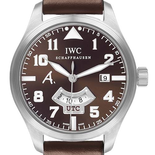 The IWC Pilot IW326104 Men's Stainless Steel Brown Dial model watch is shown from a front view, displaying the dial, crown, hands, date window, and a UTC subdial.