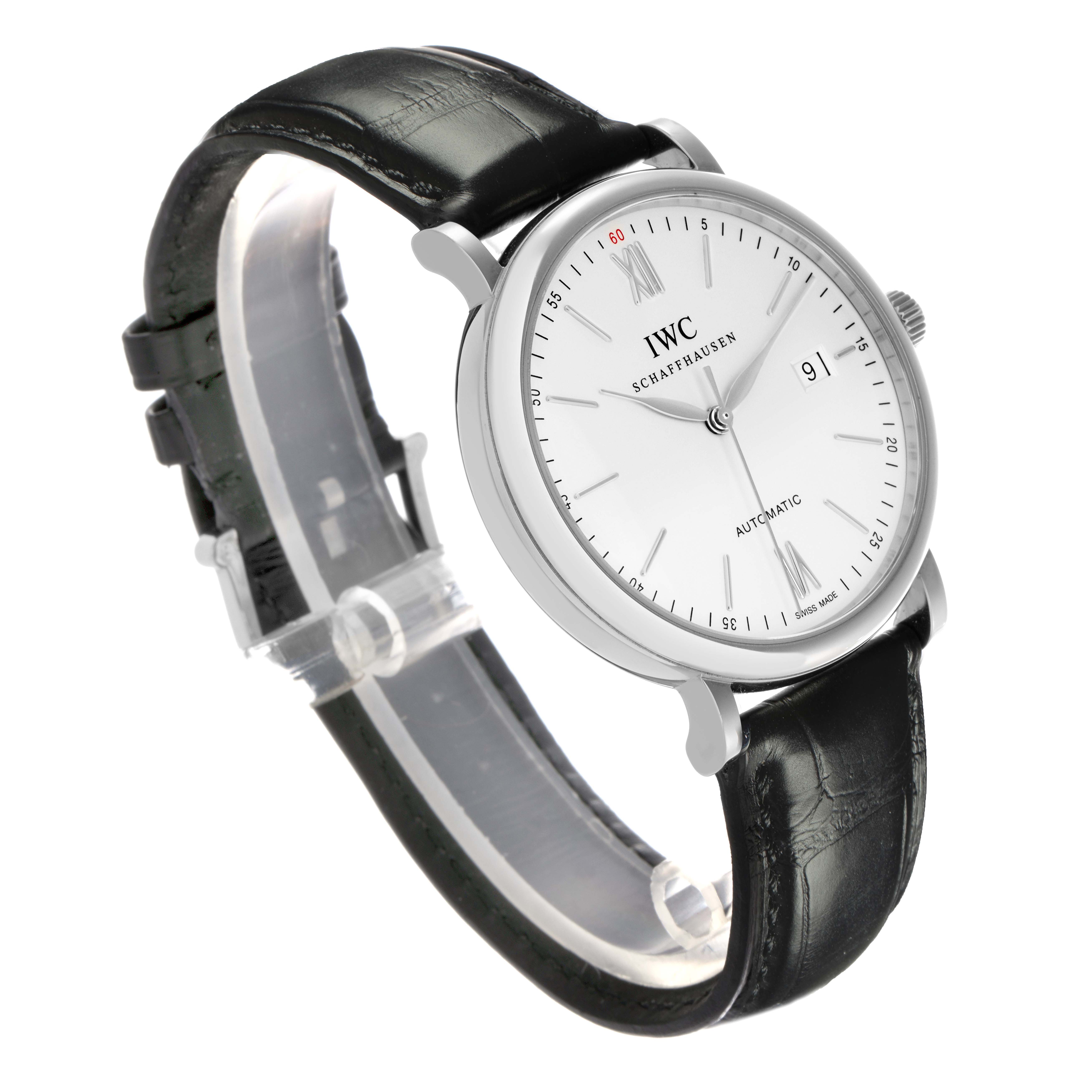 The IWC Portofino IW356501 Men
s Stainless Steel Silver Dial IW356501 Men
s Stainless Steel Silver Dial watch is shown at a three-quarter angle, displaying the face, case, and leather strap.