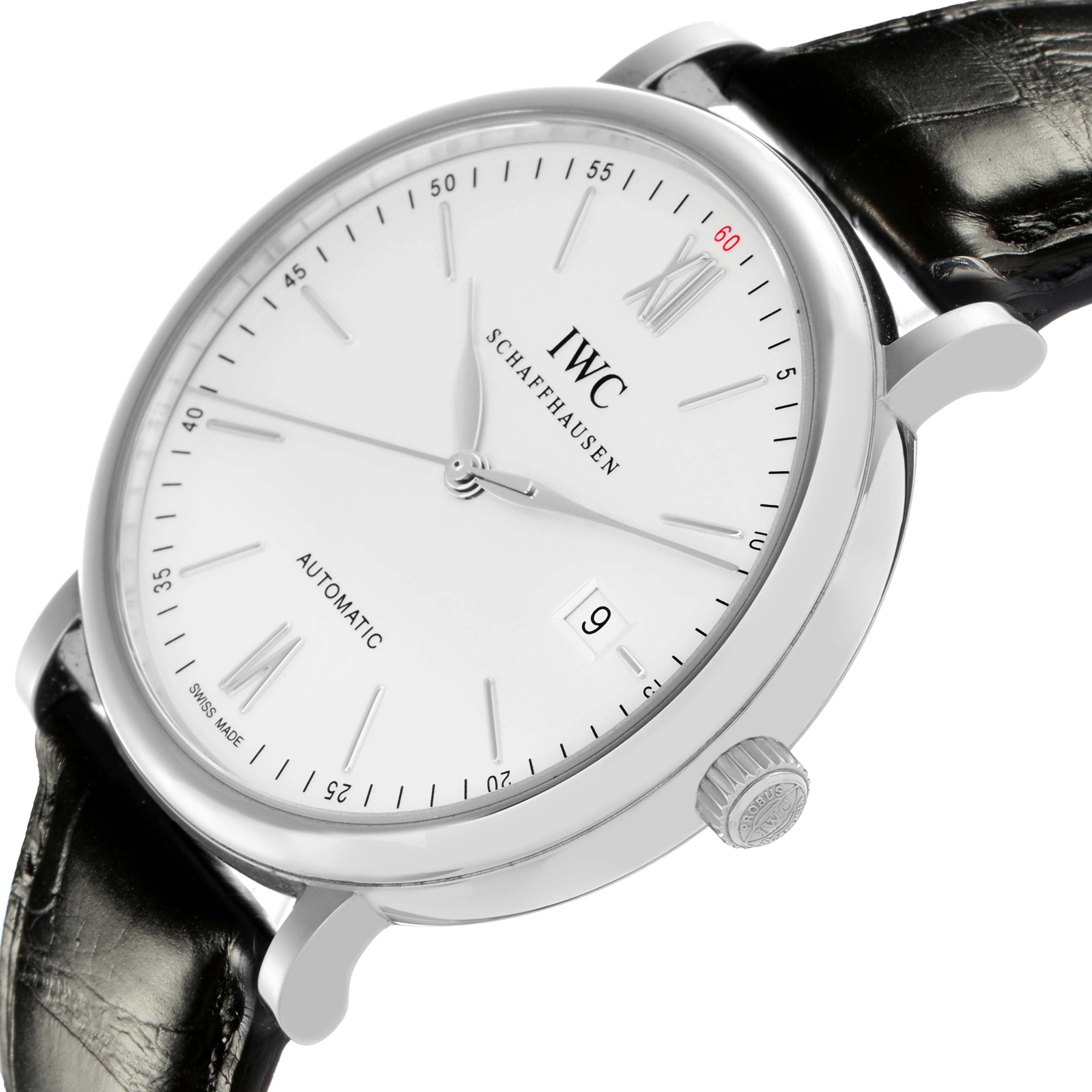 The IWC Portofino IW356501 Men
s Stainless Steel Silver Dial IW356501 Men
s Stainless Steel Silver Dial watch is shown from an angled side view, highlighting the dial, case, crown, and leather strap.