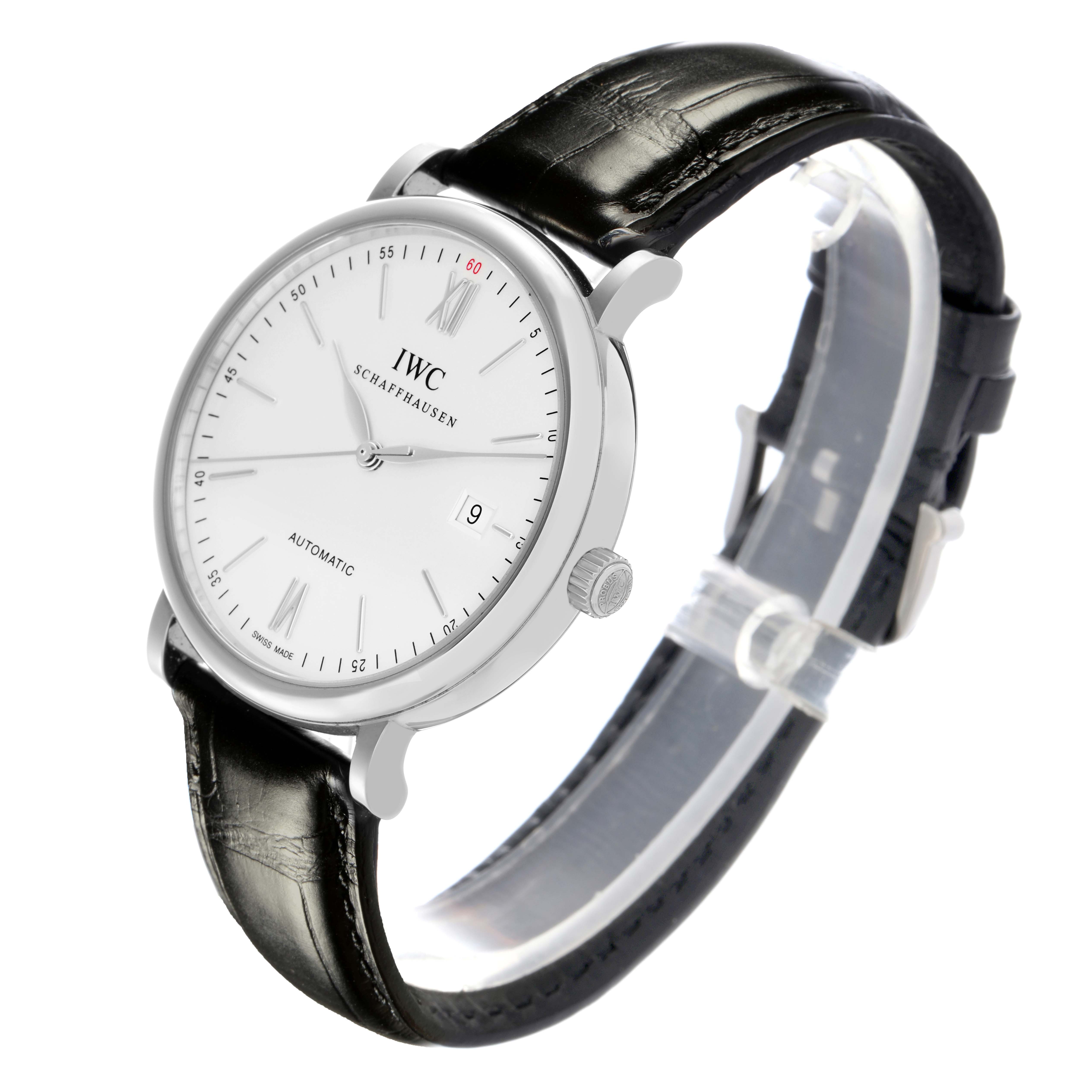 The IWC Portofino IW356501 Men
s Stainless Steel Silver Dial IW356501 Men
s Stainless Steel Silver Dial watch is shown at a three-quarter angle, displaying the dial, crown, and black leather strap.
