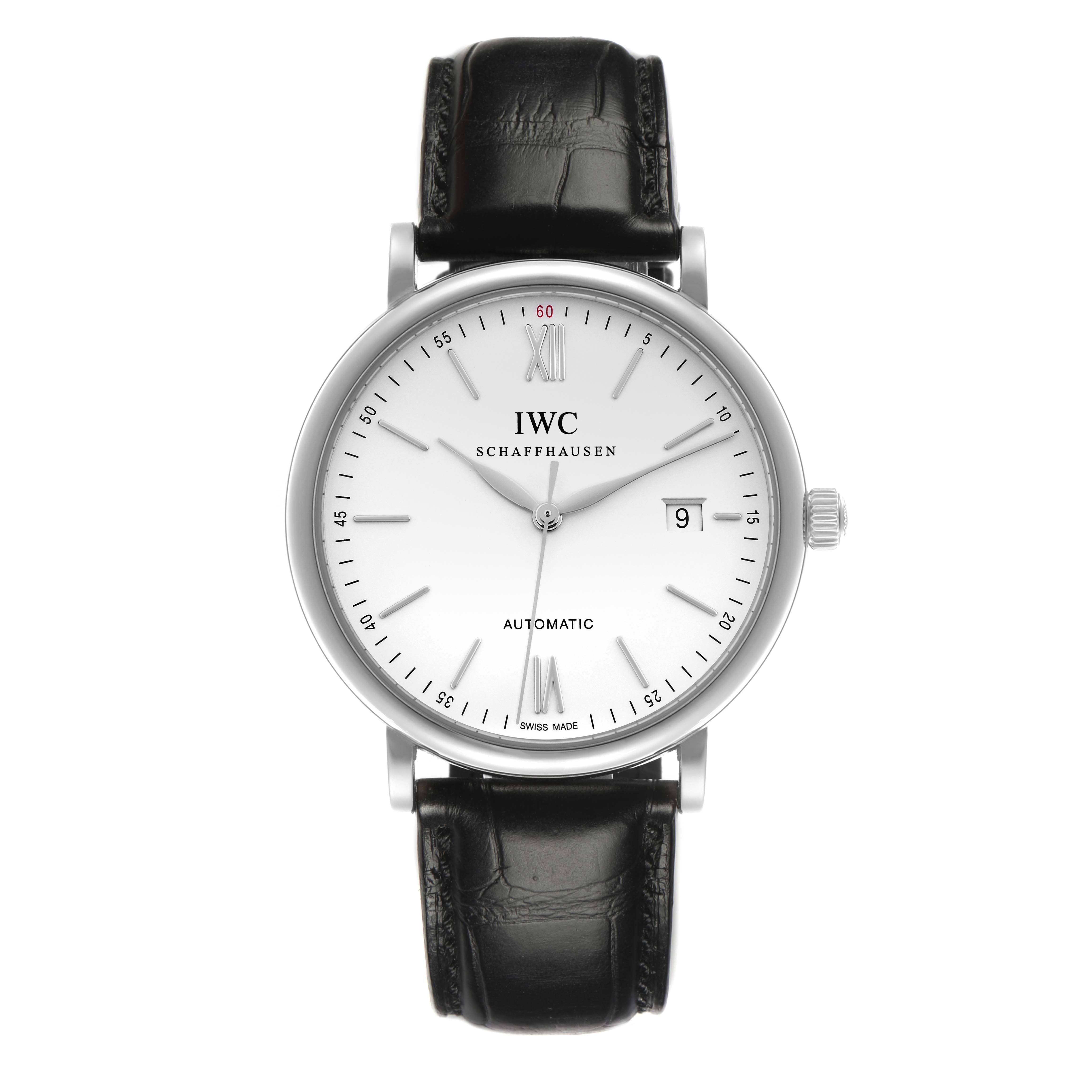 The IWC Portofino IW356501 Men
s Stainless Steel Silver Dial IW356501 Men
s Stainless Steel Silver Dial watch is shown from a front angle, displaying the dial, case, crown, and leather strap.