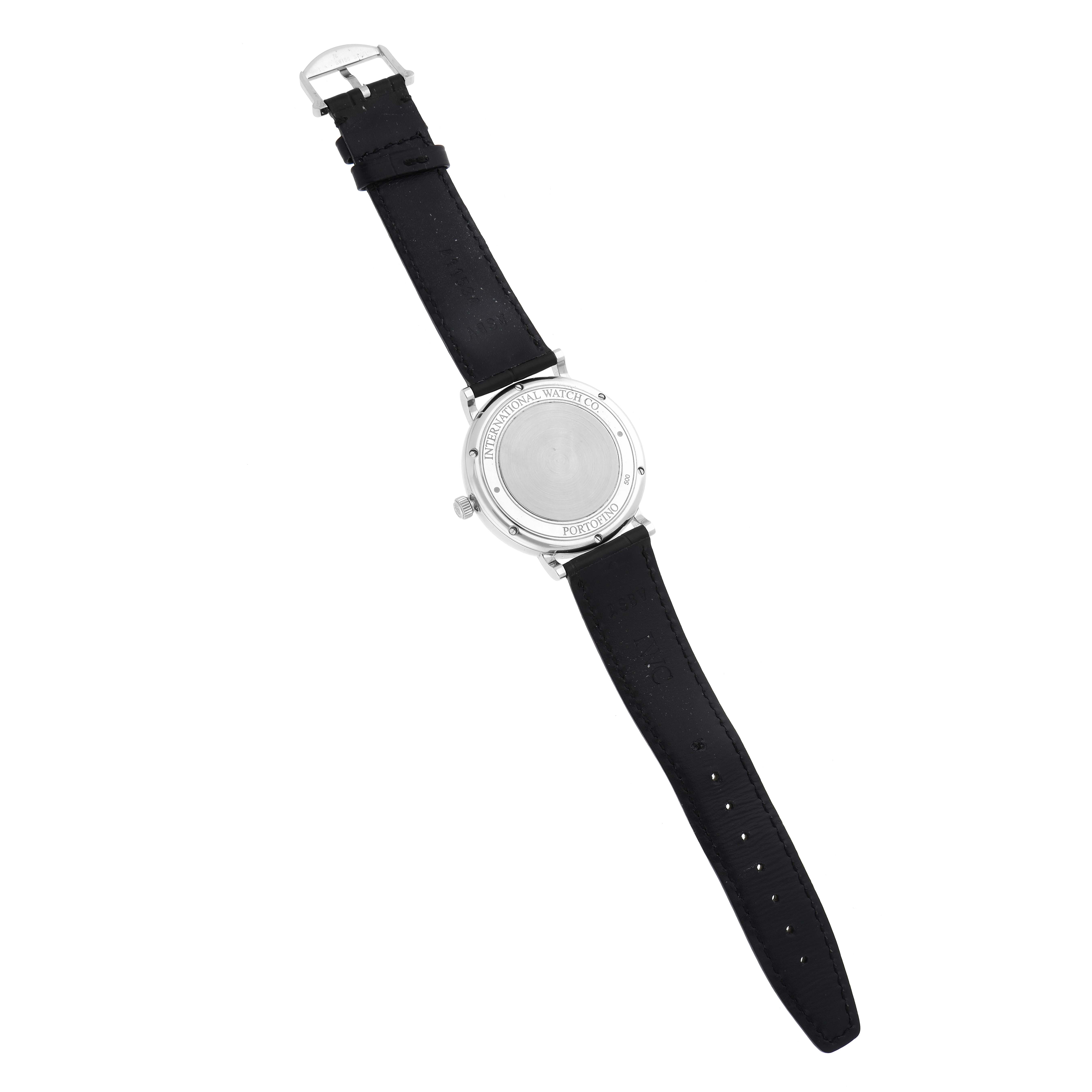 The image shows the back view of the IWC Portofino IW356501 Men
s Stainless Steel Silver Dial IW356501 Men
s Stainless Steel Silver Dial watch, featuring the case back and black strap.