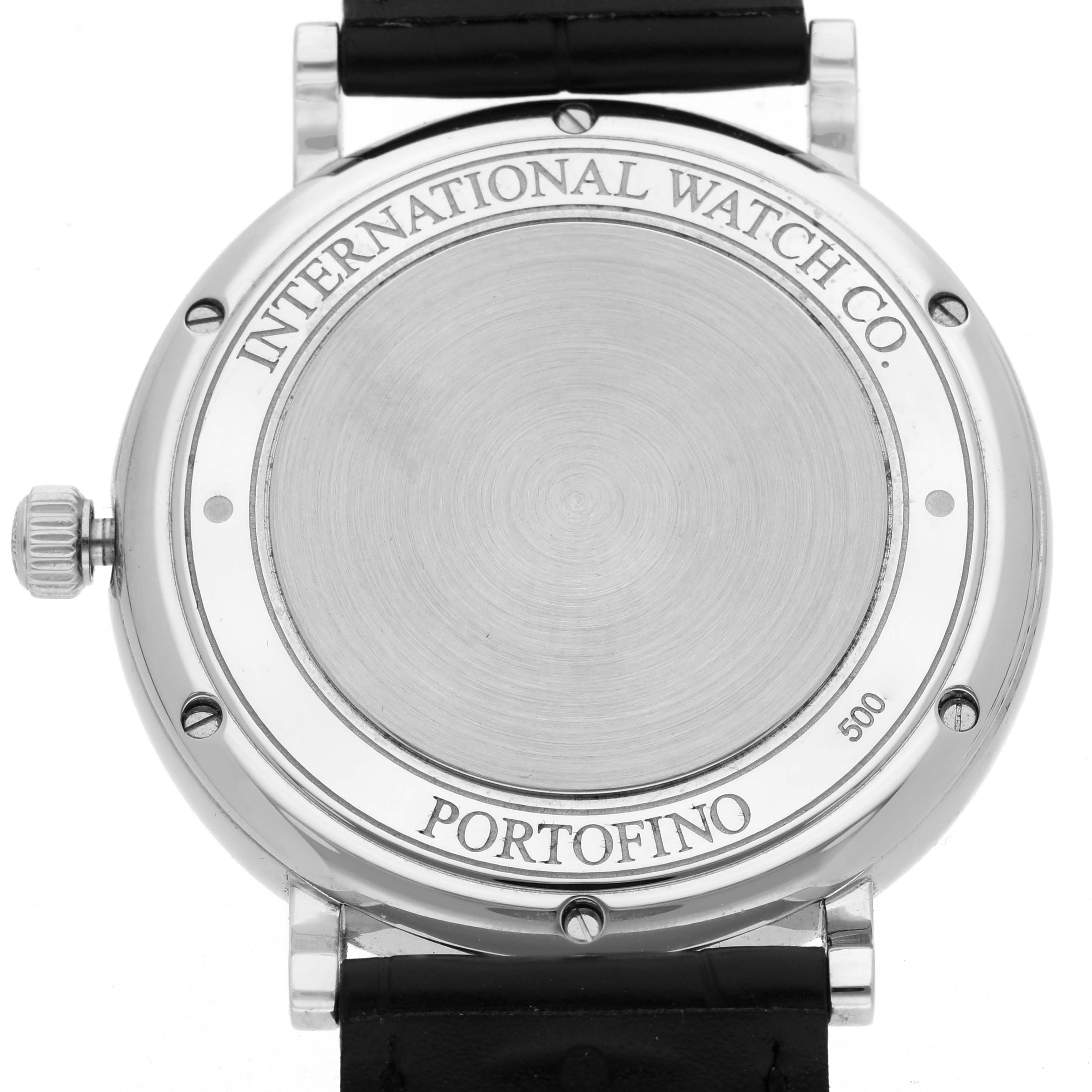 The image shows the back of an IWC Portofino IW356501 Men
s Stainless Steel Silver Dial IW356501 Men
s Stainless Steel Silver Dial watch, highlighting the case back with branding details.