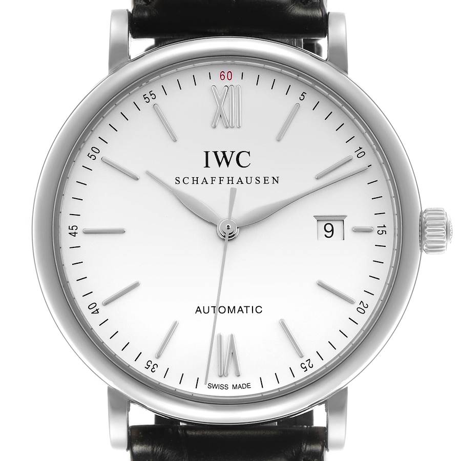 The IWC Portofino watch is shown from a front angle, highlighting its dial, hands, date window, and crown.