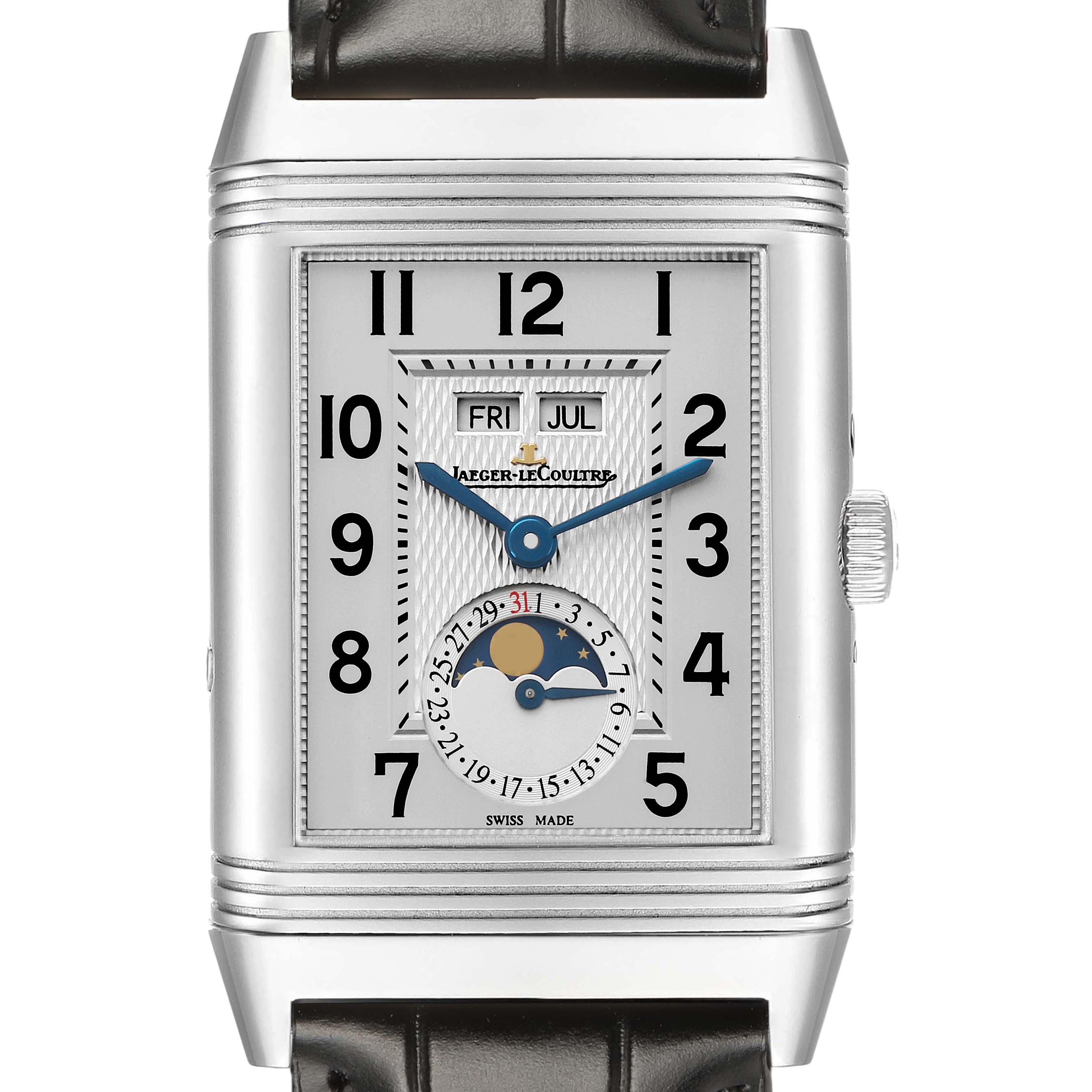 The image shows a front view of a Jaeger-LeCoultre Reverso watch, displaying its dial, calendar, and moon phase features.