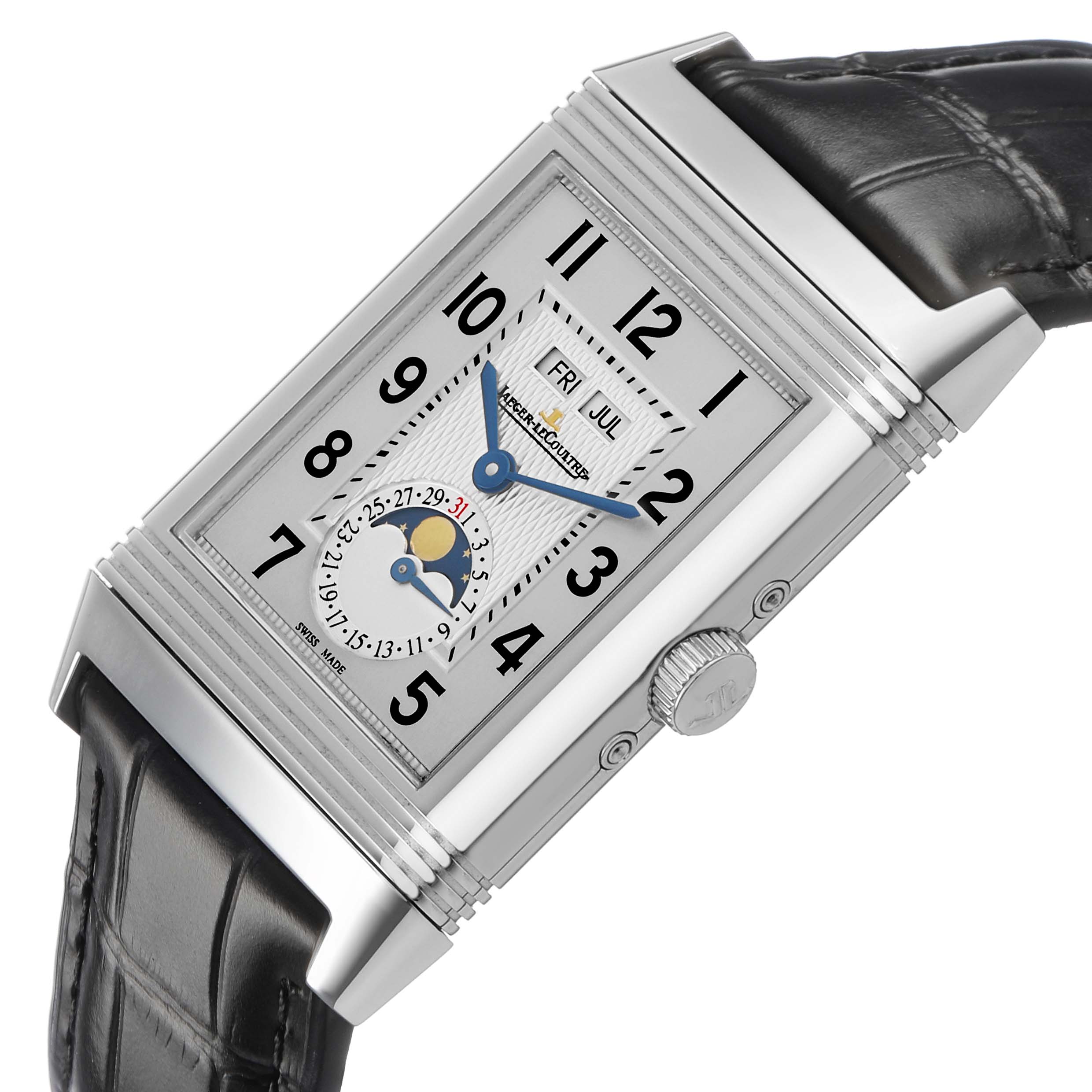 The Jaeger LeCoultre Reverso 273.8.84 Q3758420 Men's Stainless Steel Silver Dial watch is shown at an angled view highlighting the dial, crown, and moon phase feature with a black leather strap.