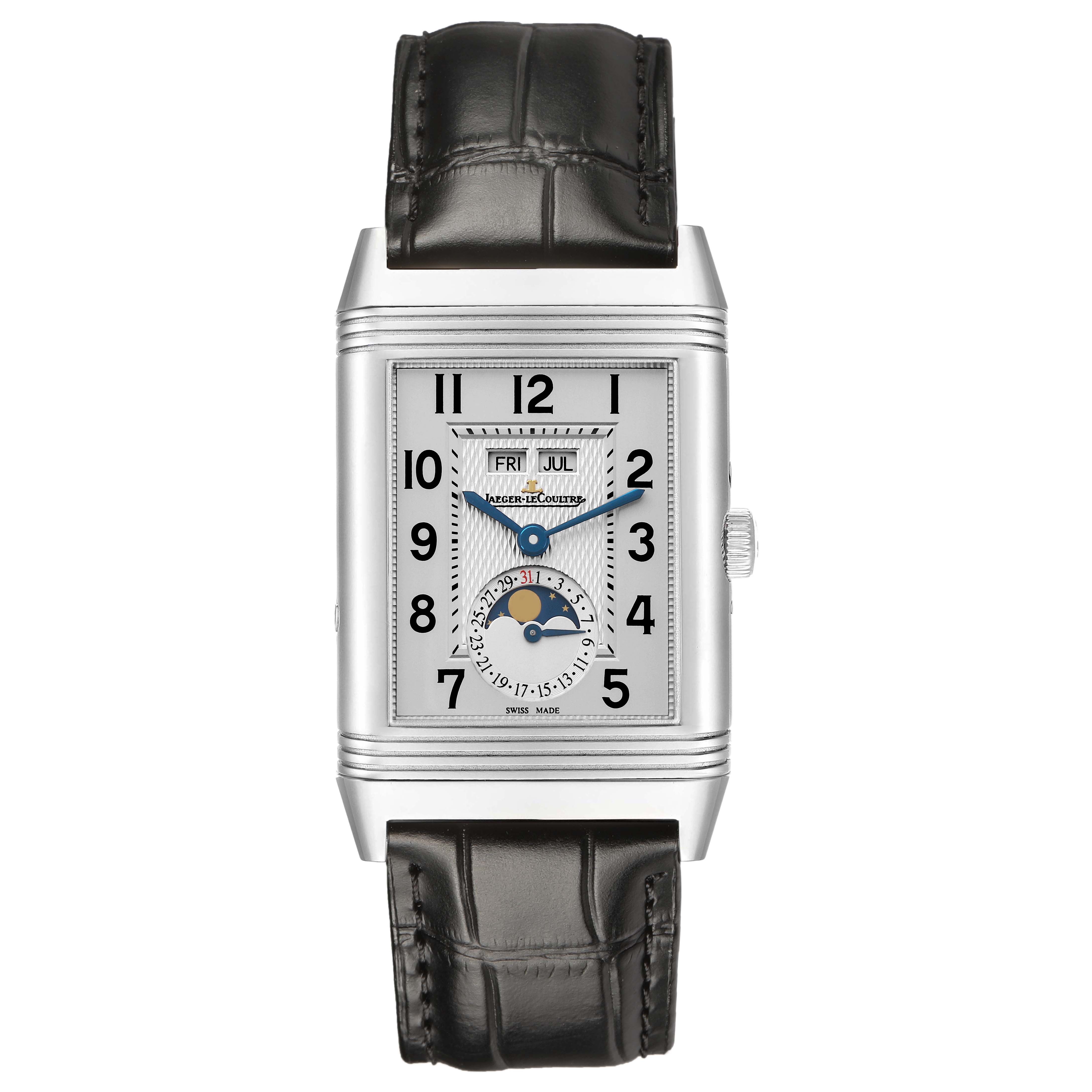 The Jaeger-LeCoultre Reverso model is shown from the front, displaying its face, numerals, subdials, and leather strap.