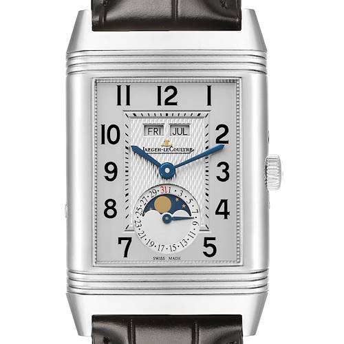 The image shows a frontal view of the Jaeger LeCoultre Reverso 273.8.84 Q3758420 Men's Stainless Steel Silver Dial, highlighting the dial, date, day, and moon phase features.