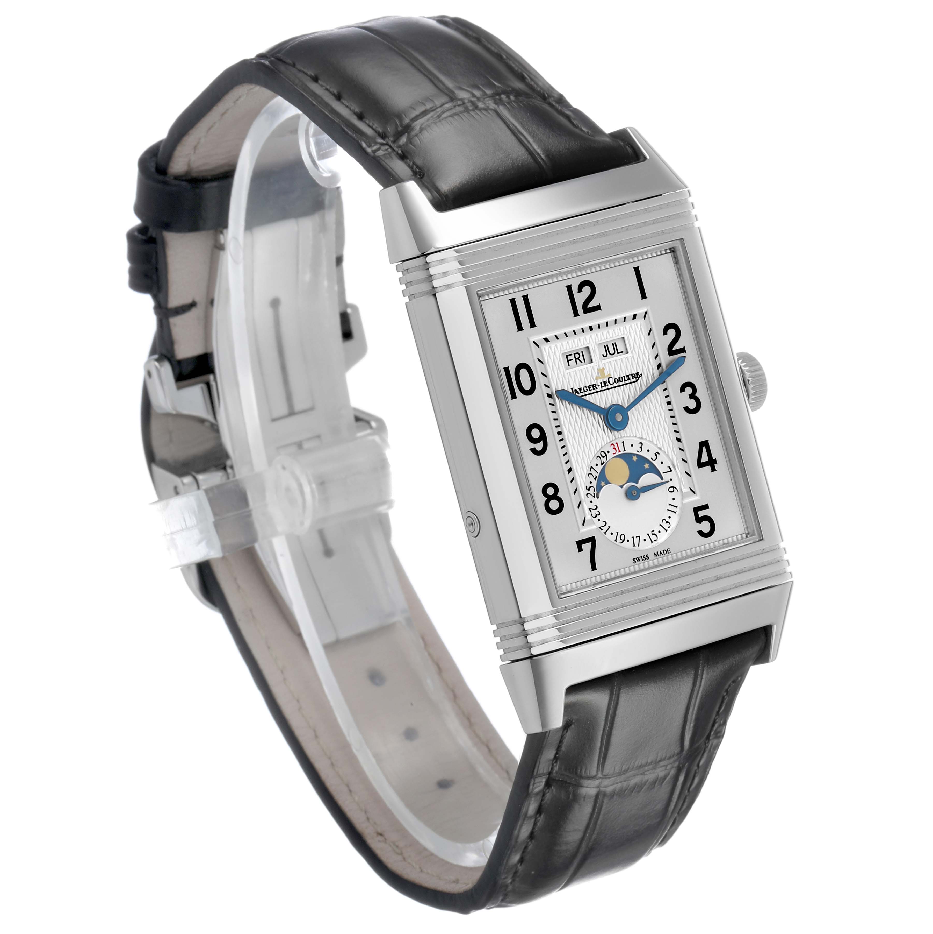 The Jaeger LeCoultre Reverso 273.8.84 Q3758420 Men's Stainless Steel Silver Dial watch is shown at an angled view, displaying the dial, case, crown, and leather strap.