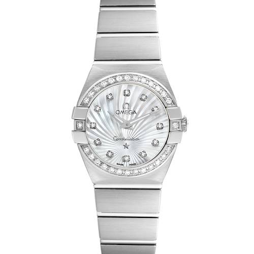 The Omega 111.15.23.60.55.001 Women's Stainless Steel White Dial Constellation Diamond MOP Dial Steel Ladies Watch 111.15.23.60.55.001 is shown head-on, displaying the full dial, case, and bracelet.