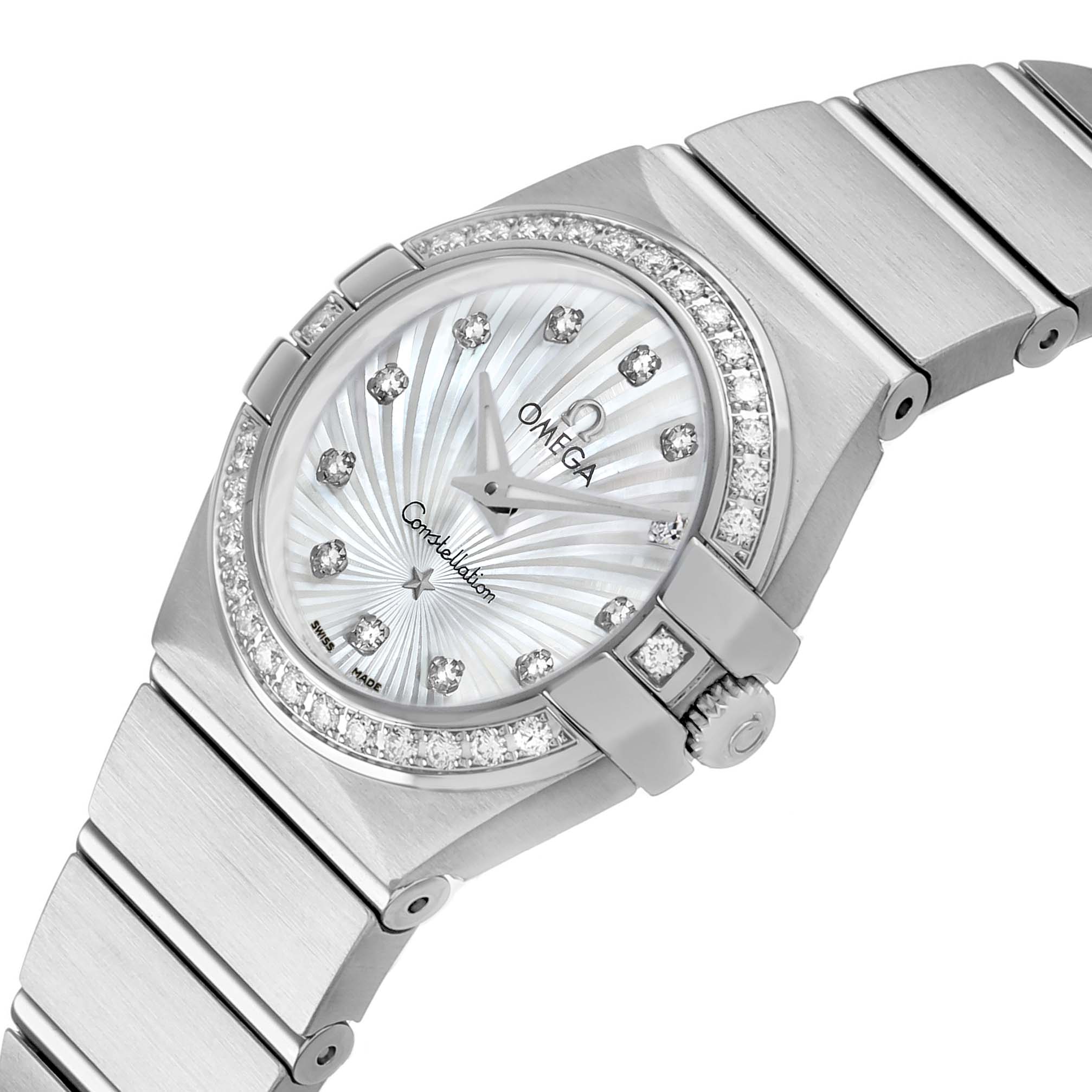 The Omega 111.15.23.60.55.001 Women's Stainless Steel White Dial Constellation model is shown at an angled view, highlighting the diamond-studded bezel and MOP dial.
