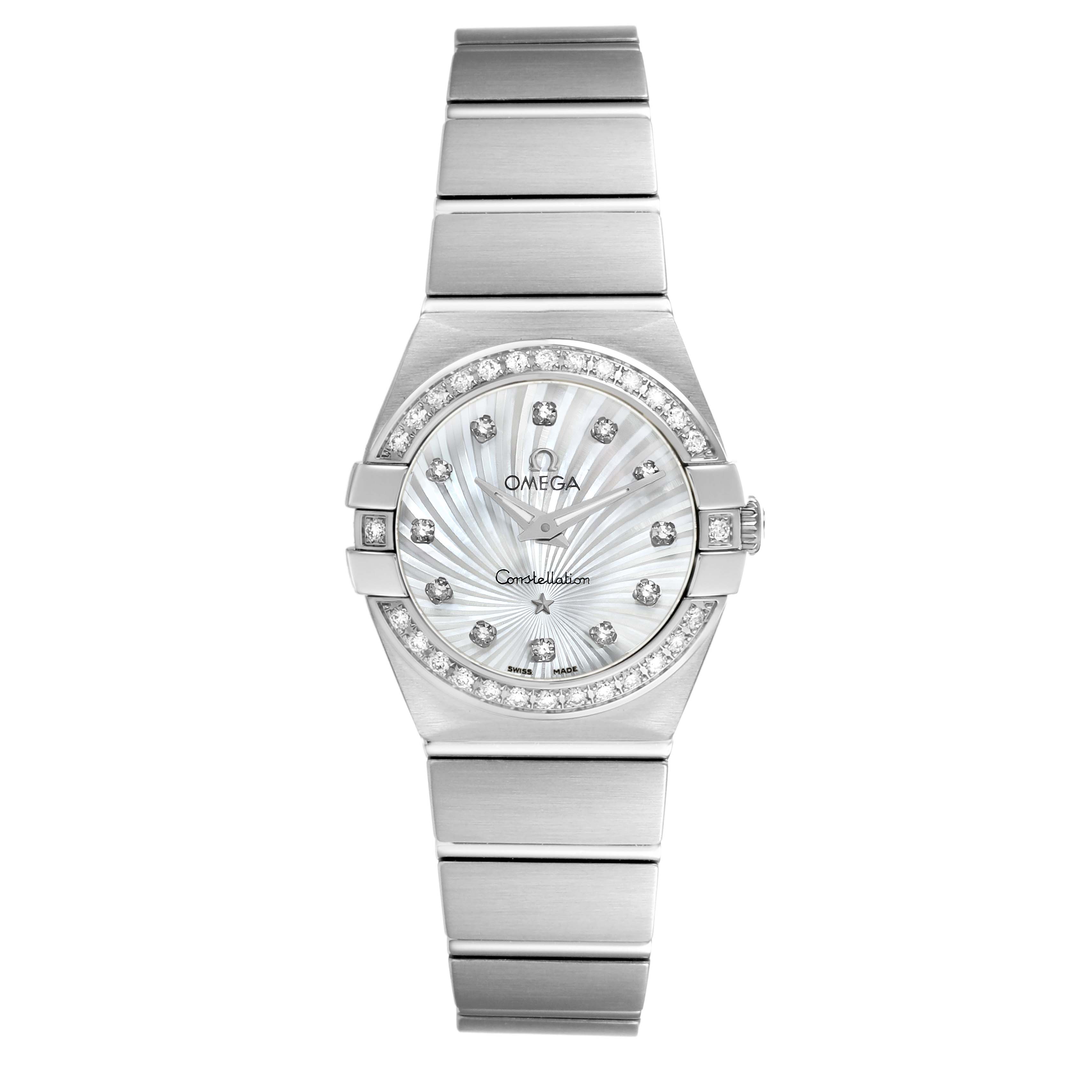 The Omega 111.15.23.60.55.001 Women's Stainless Steel White Dial Constellation Diamond MOP Dial Steel Ladies Watch is shown from a front angle, highlighting the dial and bracelet.