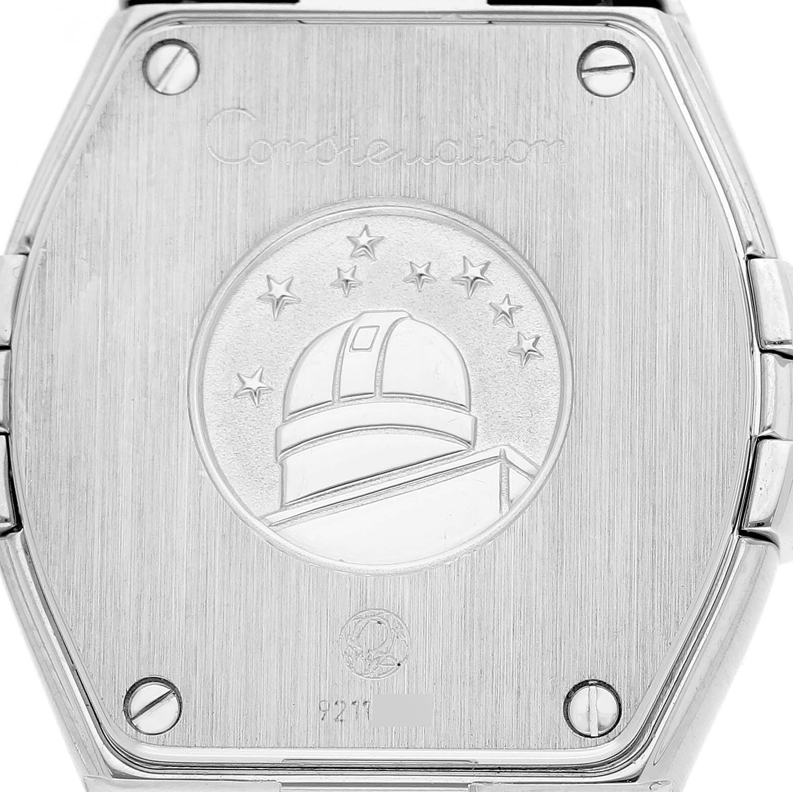 The image shows the back of an Omega 111.15.23.60.55.001 Women's Stainless Steel White Dial Constellation Diamond MOP Dial Steel Ladies Watch, featuring an embossed observatory logo.