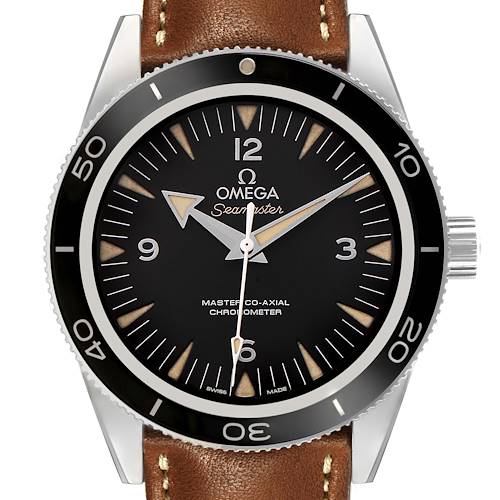 The Omega Seamaster 233.32.41.21.01.002 Men's Stainless Steel Black Dial watch is shown from a front angle, displaying its dial, bezel, and brown leather strap.