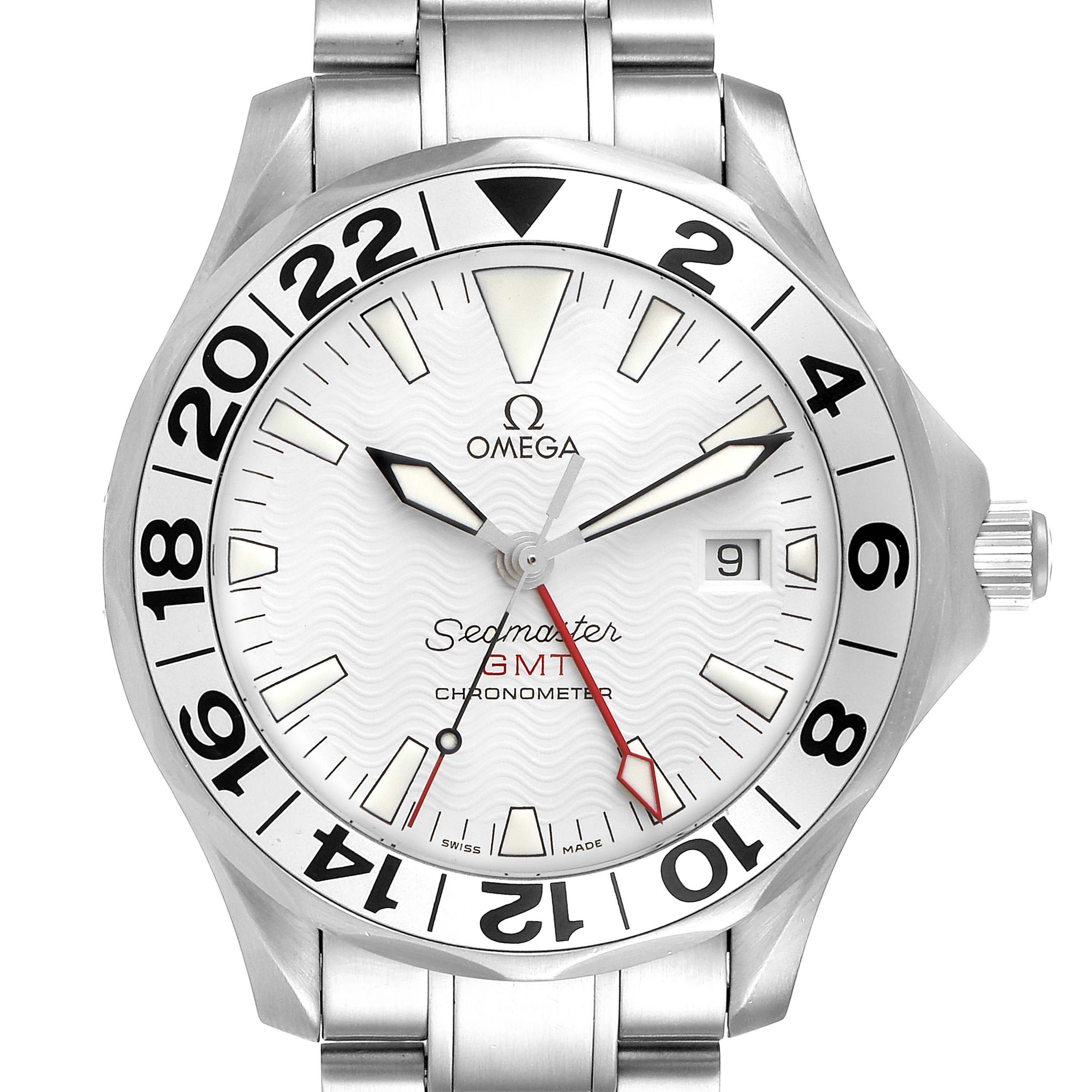 The image shows a front perspective of an Omega Seamaster 2538.20.00 Men
s Stainless Steel White Dial 2538.20.00 Men
s Stainless Steel White Dial GMT Chronometer watch, highlighting the dial and bezel.