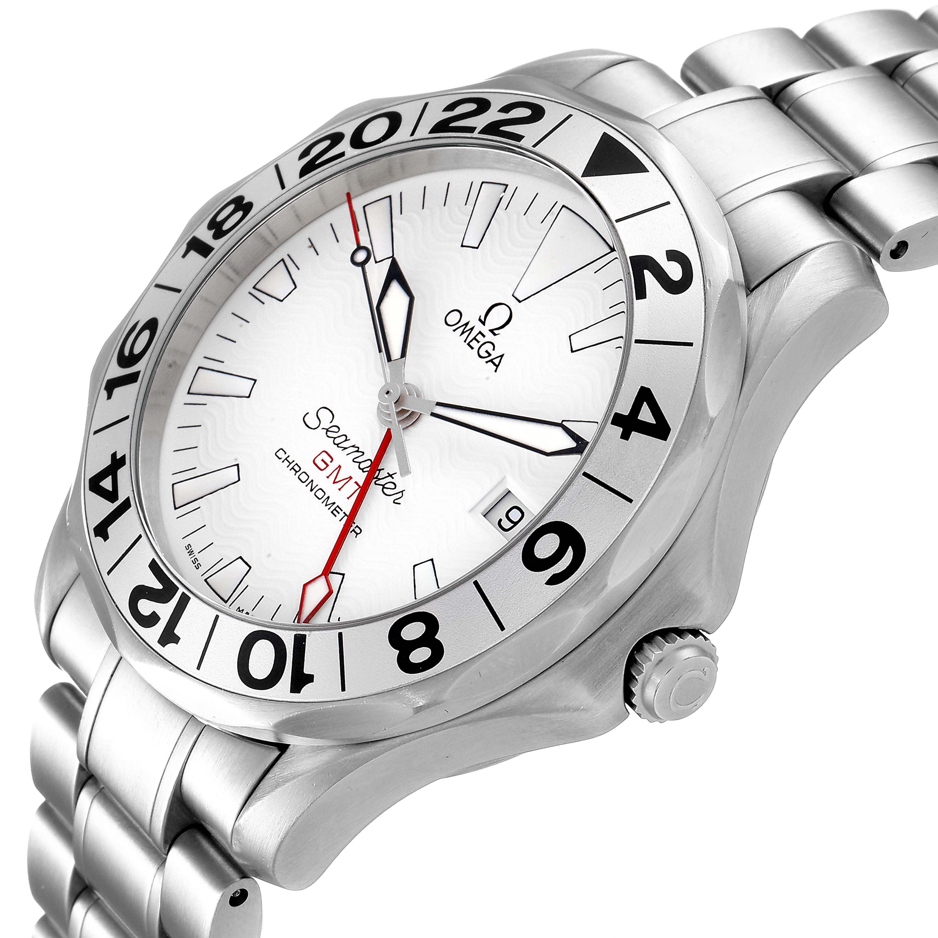 The image shows the Omega Seamaster 2538.20.00 Men
s Stainless Steel White Dial 2538.20.00 Men
s Stainless Steel White Dial GMT watch from an angled close-up, highlighting its dial, case, crown, and part of the bracelet.