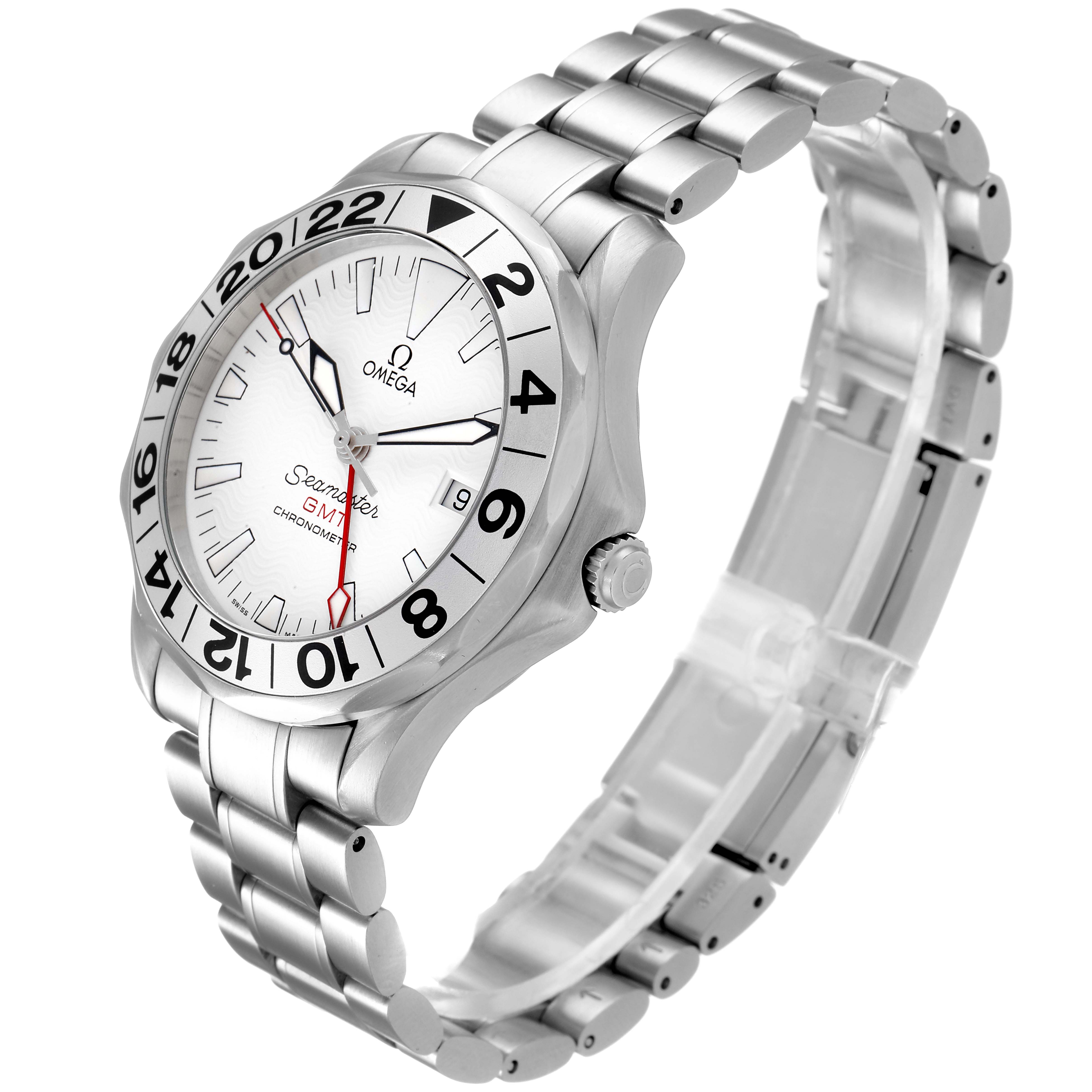 The Omega Seamaster 2538.20.00 Men
s Stainless Steel White Dial 2538.20.00 Men
s Stainless Steel White Dial watch is shown at a three-quarter angle, highlighting the face, bezel, crown, and metal bracelet.