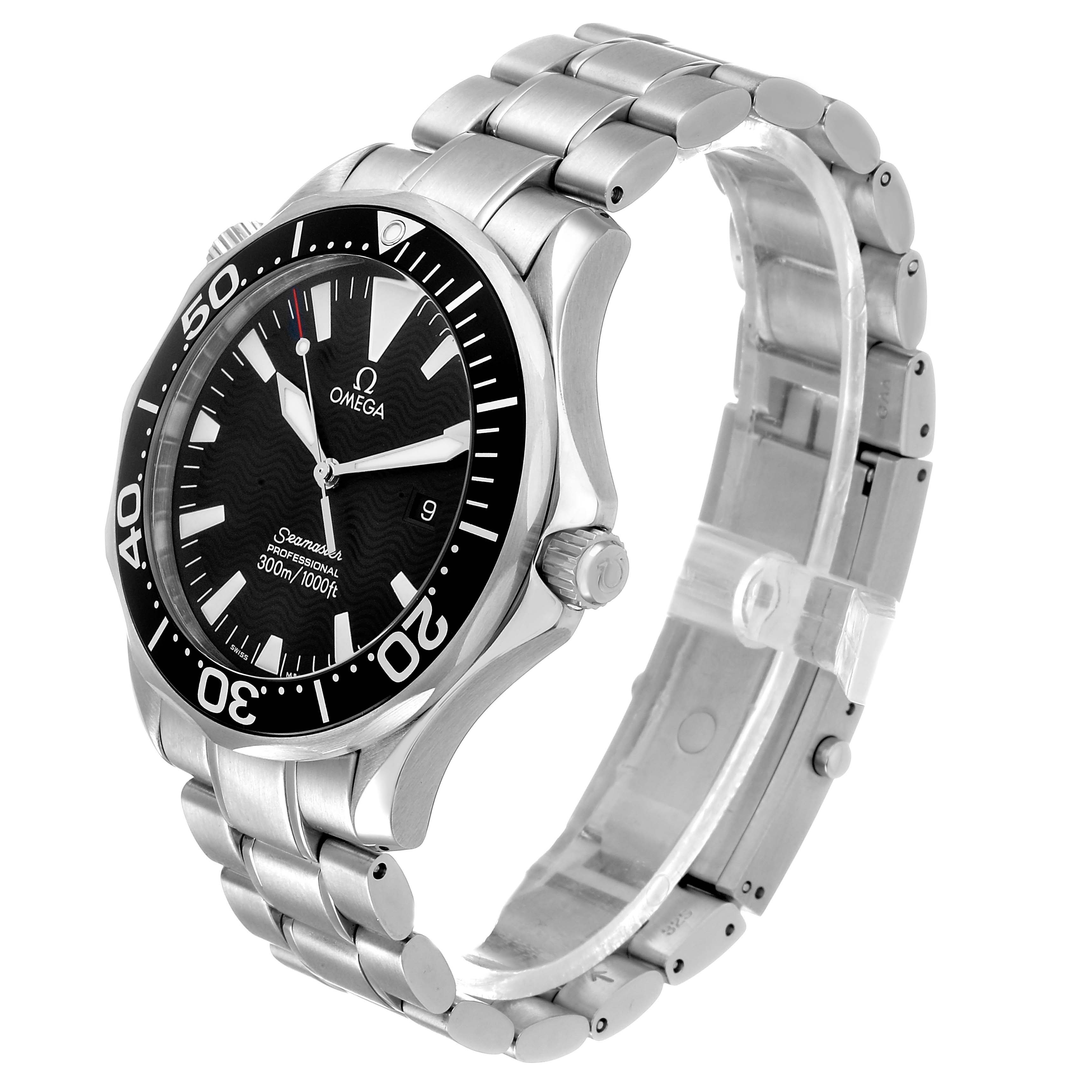 The Omega Seamaster 2264.50.00 Men's Stainless Steel Black Dial watch is shown at a three-quarter angle highlighting the face, bezel, crown, and metal bracelet.