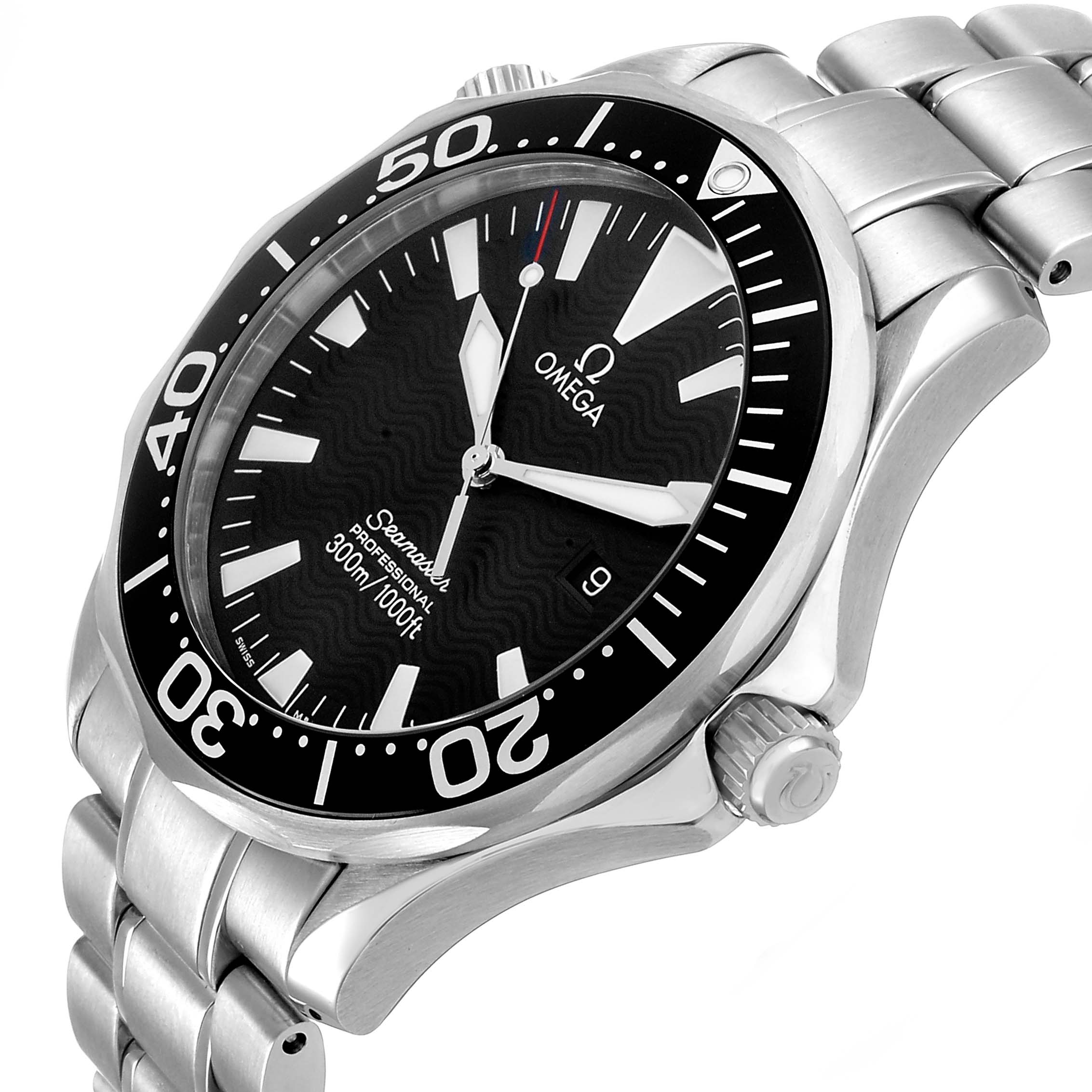 The image shows an angled side view of the Omega Seamaster 2264.50.00 Men's Stainless Steel Black Dial, highlighting the bezel, crown, and bracelet.