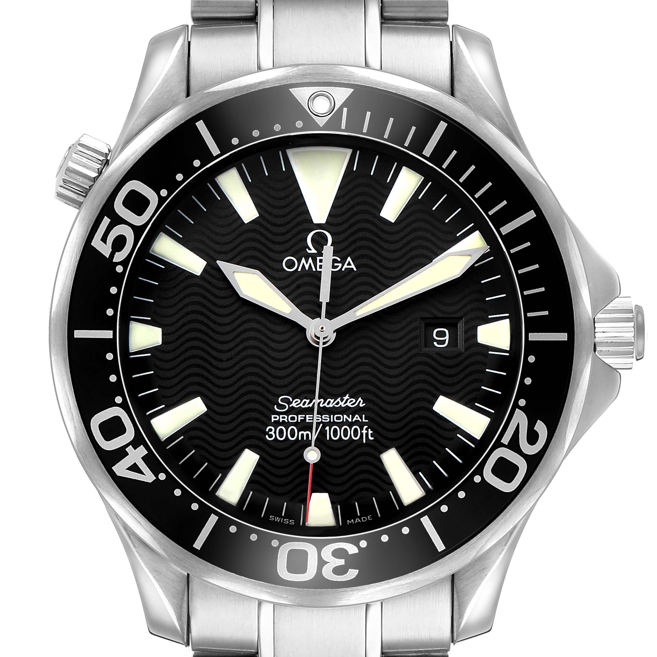 The Omega Seamaster 2264.50.00 Men's Stainless Steel Black Dial watch is shown from a front angle, displaying the dial, bezel, hands, and steel bracelet.