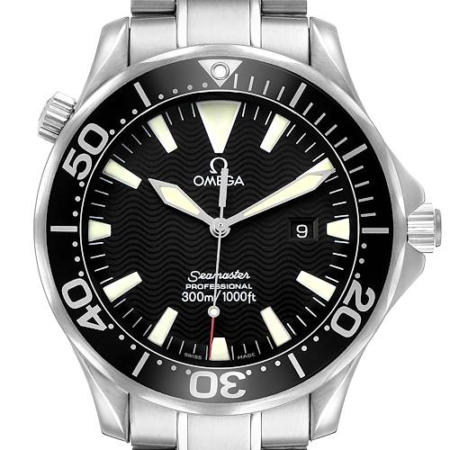 The image shows a front view of the Omega Seamaster 2264.50.00 Men's Stainless Steel Black Dial watch, highlighting its dial, bezel, hands, and bracelet.