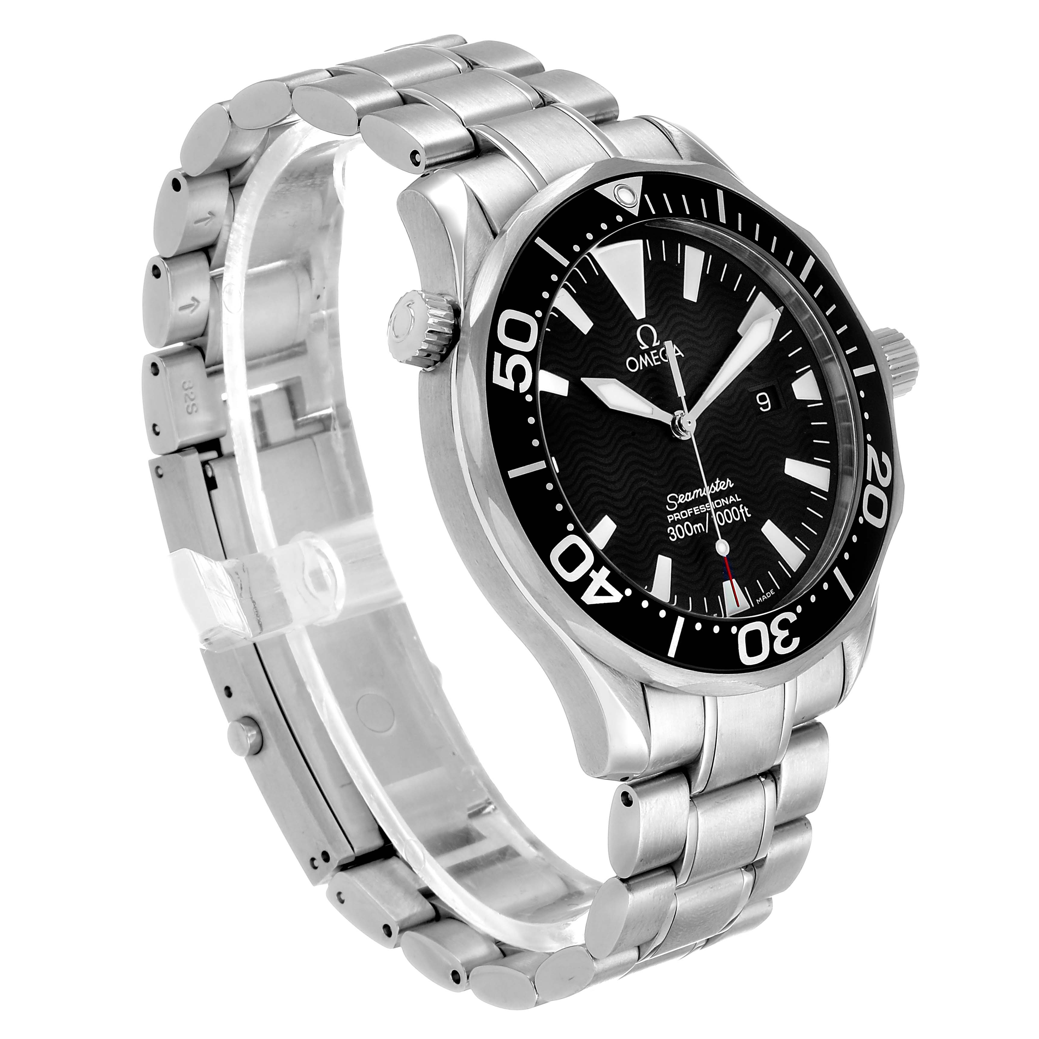 The Omega Seamaster 2264.50.00 Men's Stainless Steel Black Dial model is shown from a side angle, displaying the bracelet, crown, and face with a visible bezel and date window.