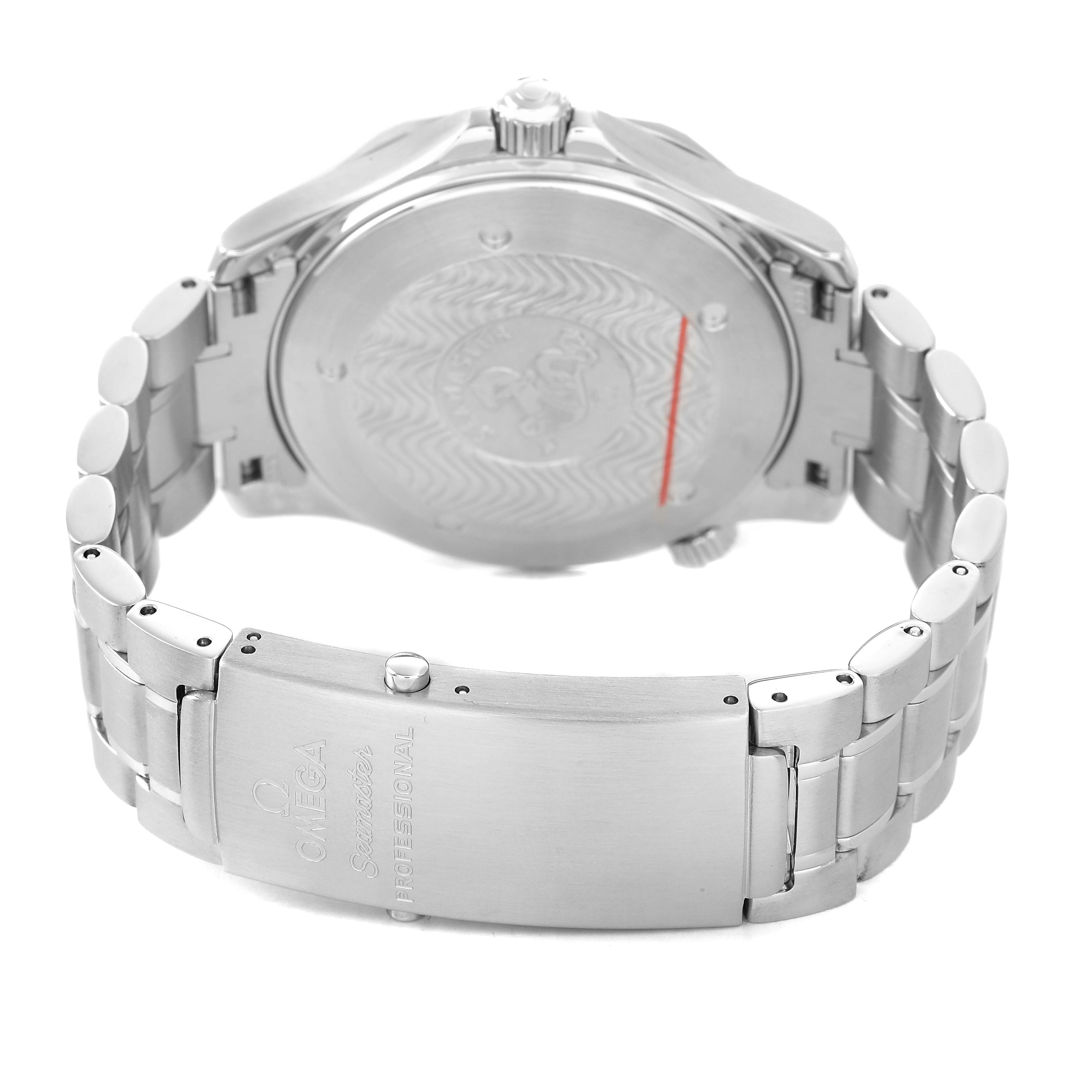 The image shows the back and clasp of an Omega Seamaster 2264.50.00 Men's Stainless Steel Black Dial watch, highlighting its bracelet and engraved case back.