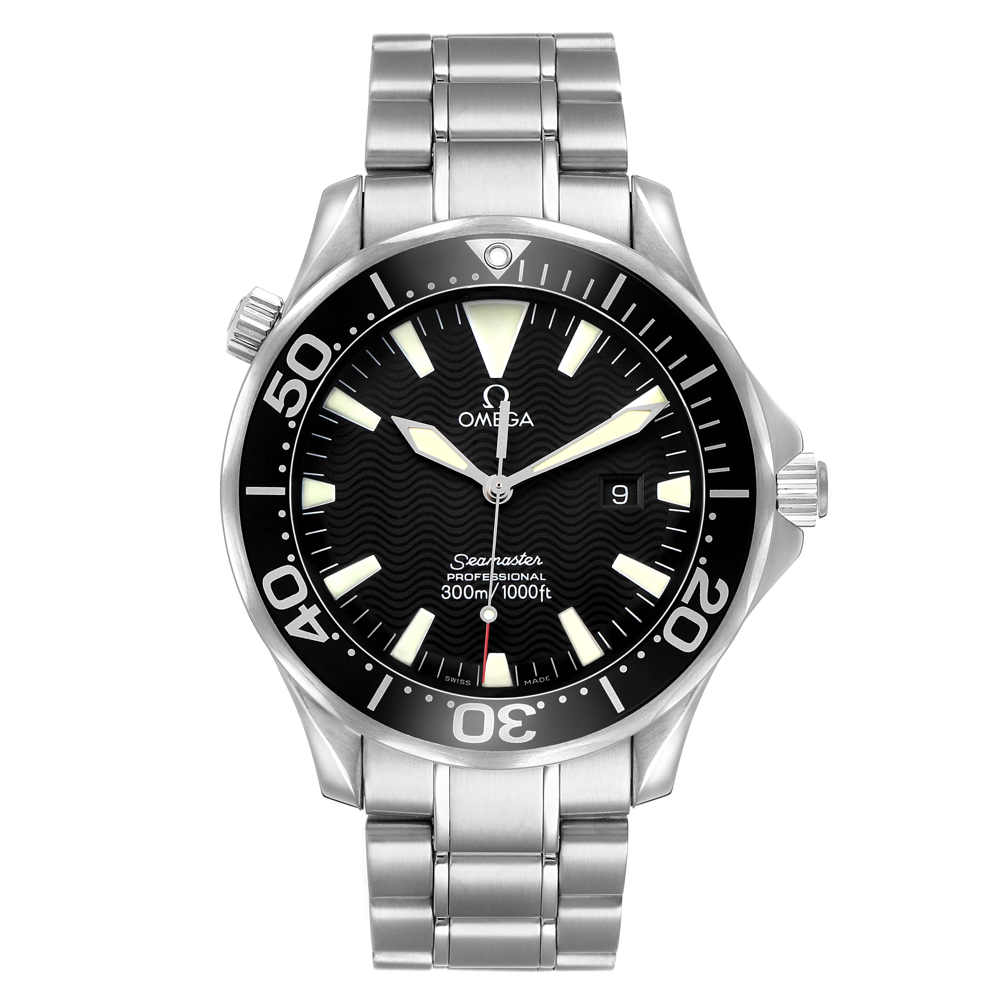 The Omega Seamaster 2264.50.00 Men's Stainless Steel Black Dial watch is shown from a front angle, displaying the face, bezel, and bracelet.