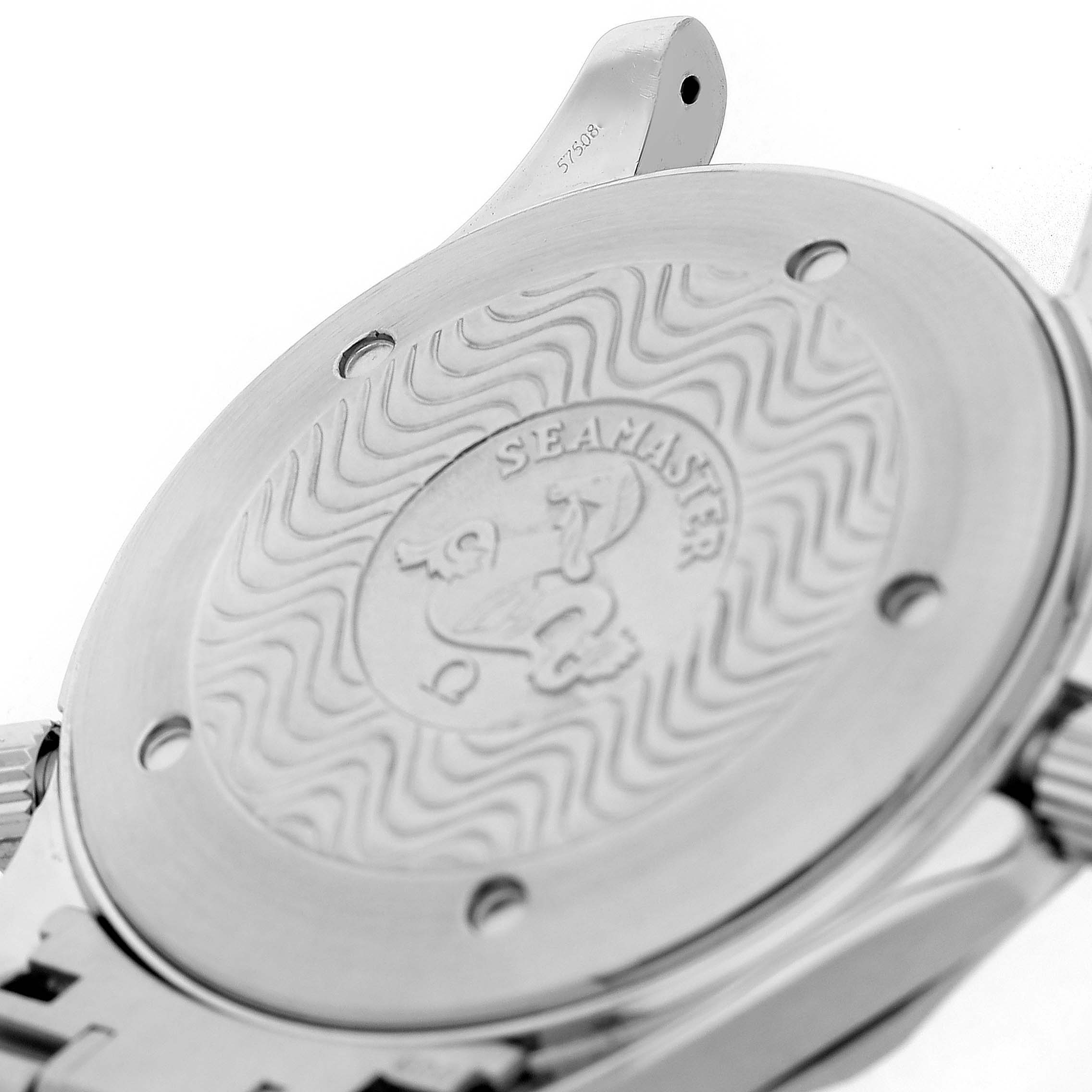 The image shows the back case of an Omega Seamaster 2264.50.00 Men's Stainless Steel Black Dial watch, highlighting the engraved design and attachment points.