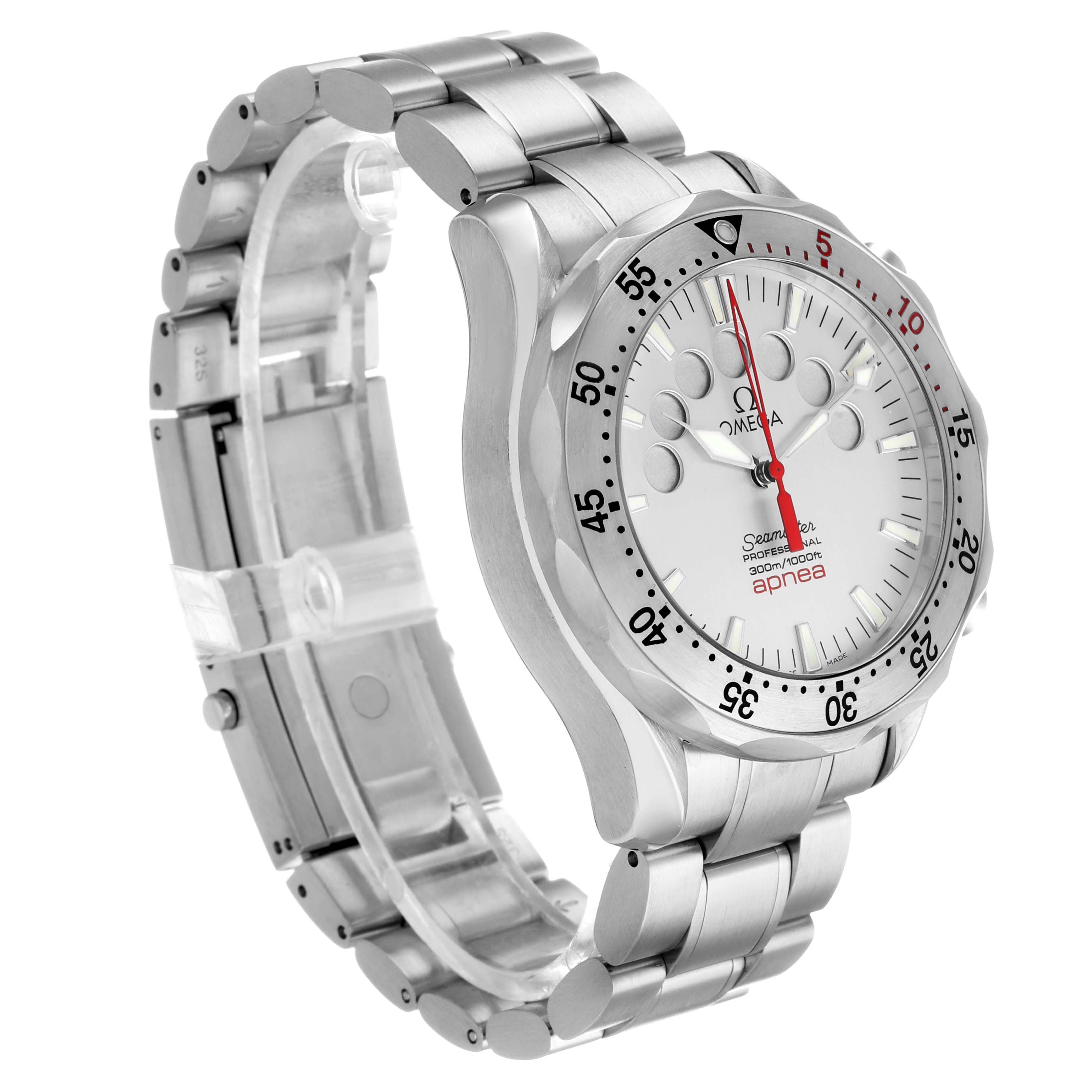 The Omega Seamaster 2595.30.00 Men's Stainless Steel Silver Dial watch is shown from a diagonal angle, displaying its face, bezel, and bracelet.