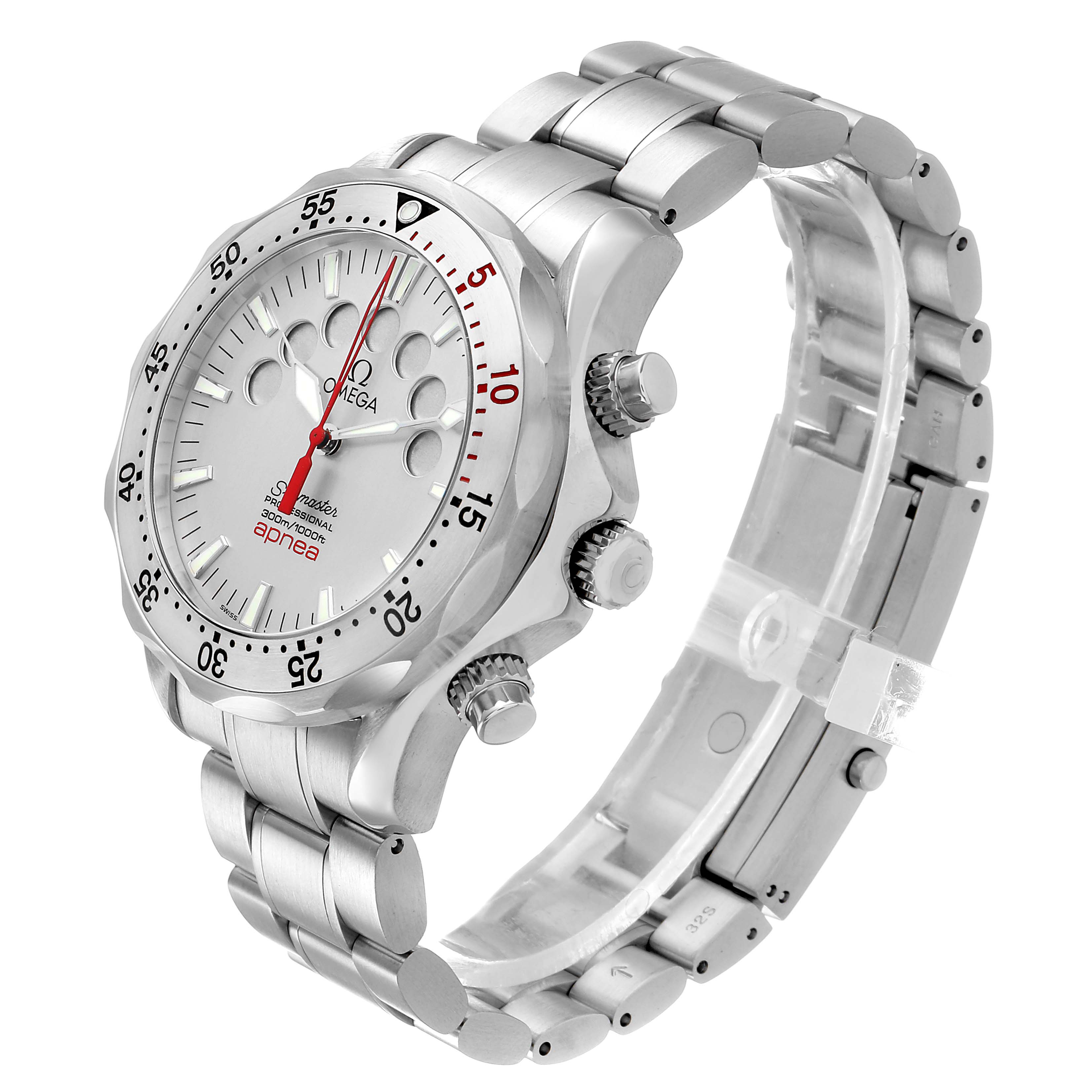 The Omega Seamaster 2595.30.00 Men's Stainless Steel Silver Dial watch is shown at a side angle, highlighting the face, bezel, crown, and bracelet.