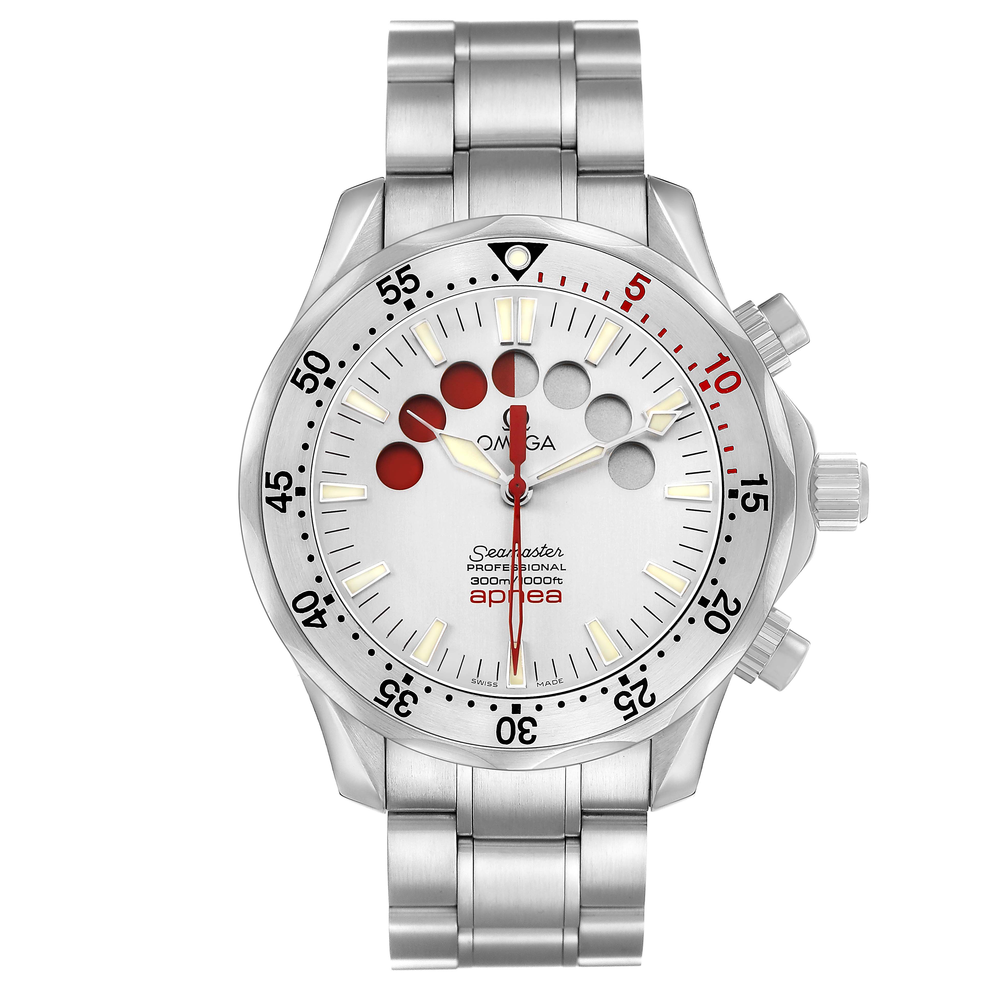 The Omega Seamaster 2595.30.00 Men's Stainless Steel Silver Dial watch is shown from the front, featuring a stainless steel bracelet and a detailed dial with red circles.