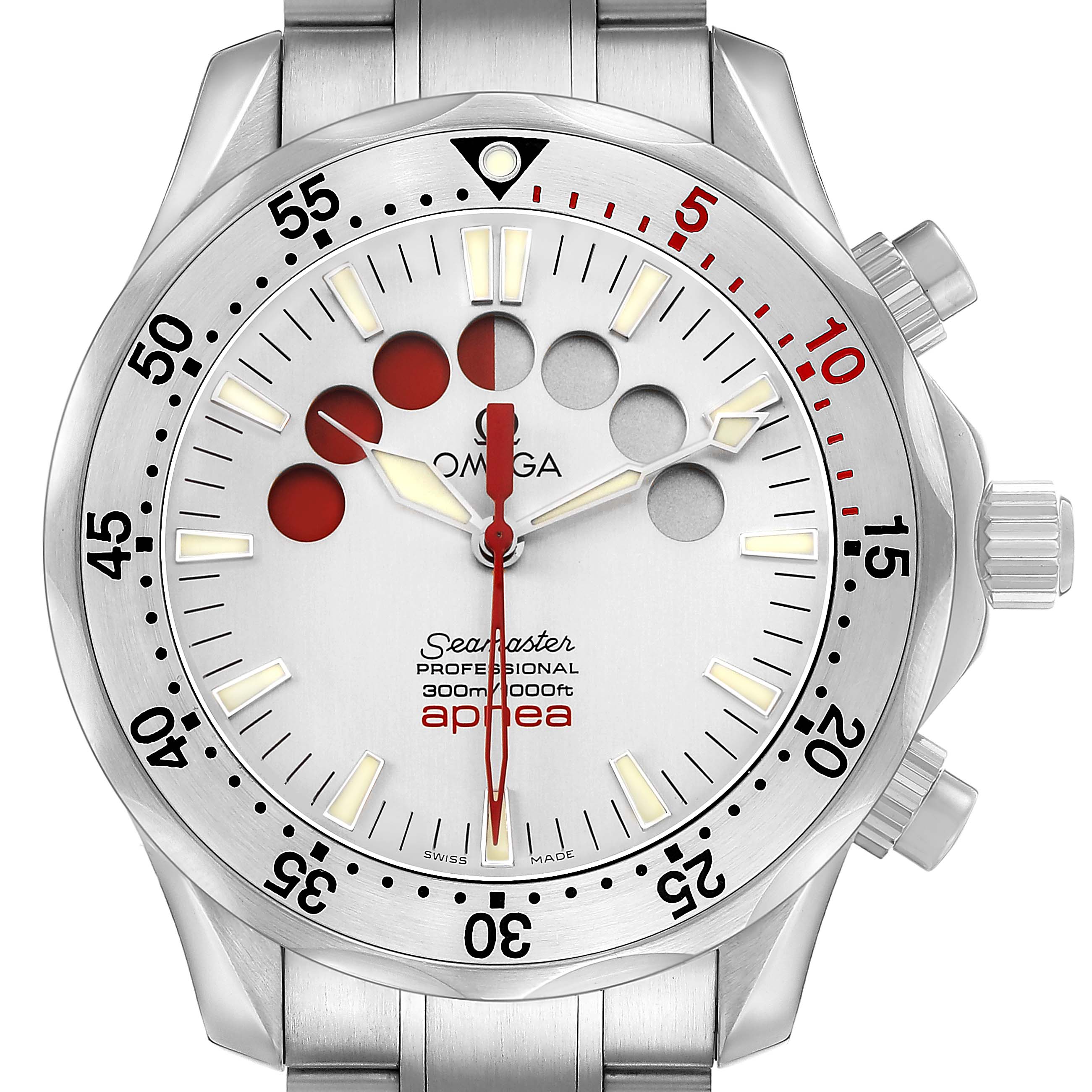 The image shows a front view of the Omega Seamaster 2595.30.00 Men's Stainless Steel Silver Dial watch, highlighting the dial, bezel, and bracelet.