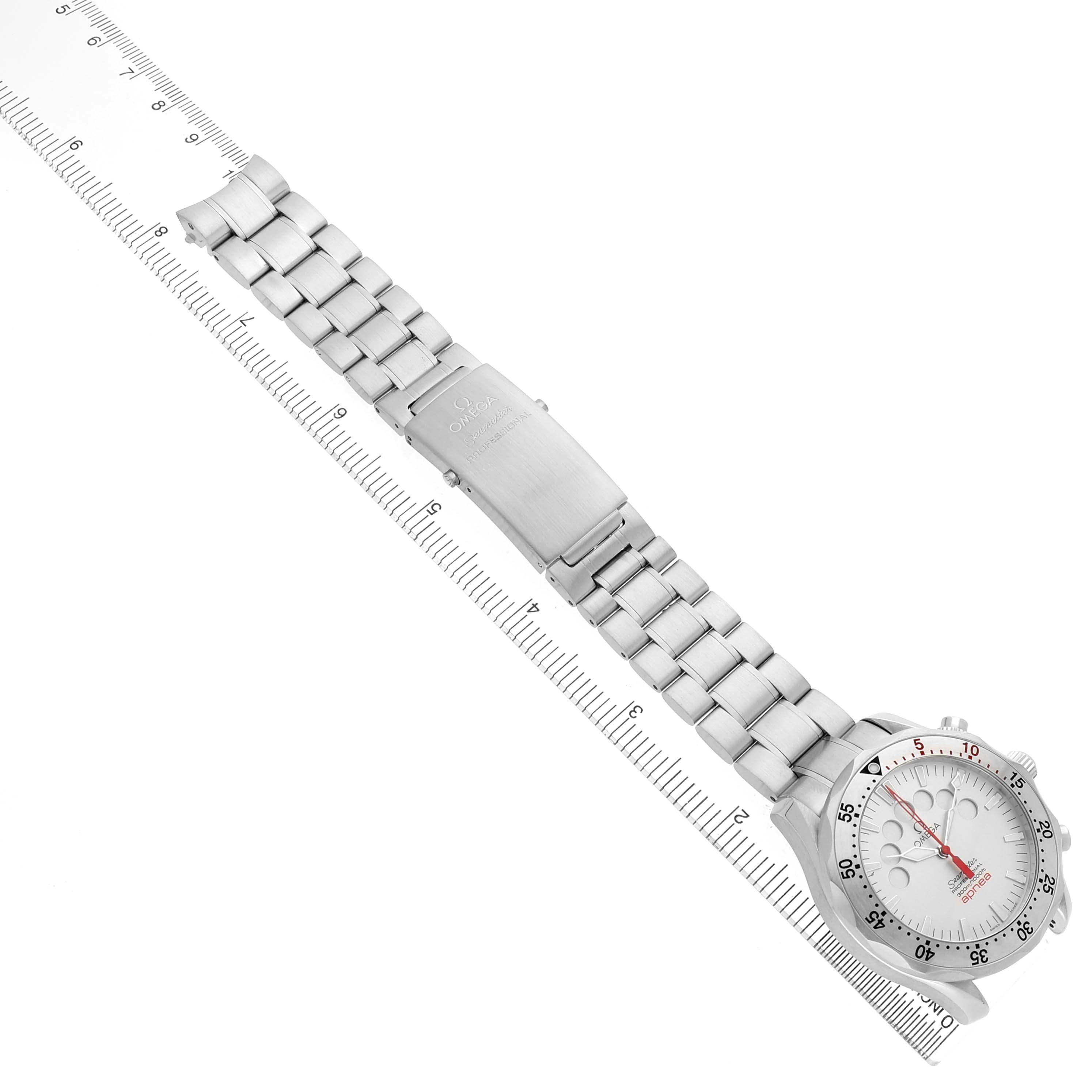 The Omega Seamaster 2595.30.00 Men's Stainless Steel Silver Dial watch is shown from a top-down angle, displaying its face, bezel, and metal bracelet with clasp.