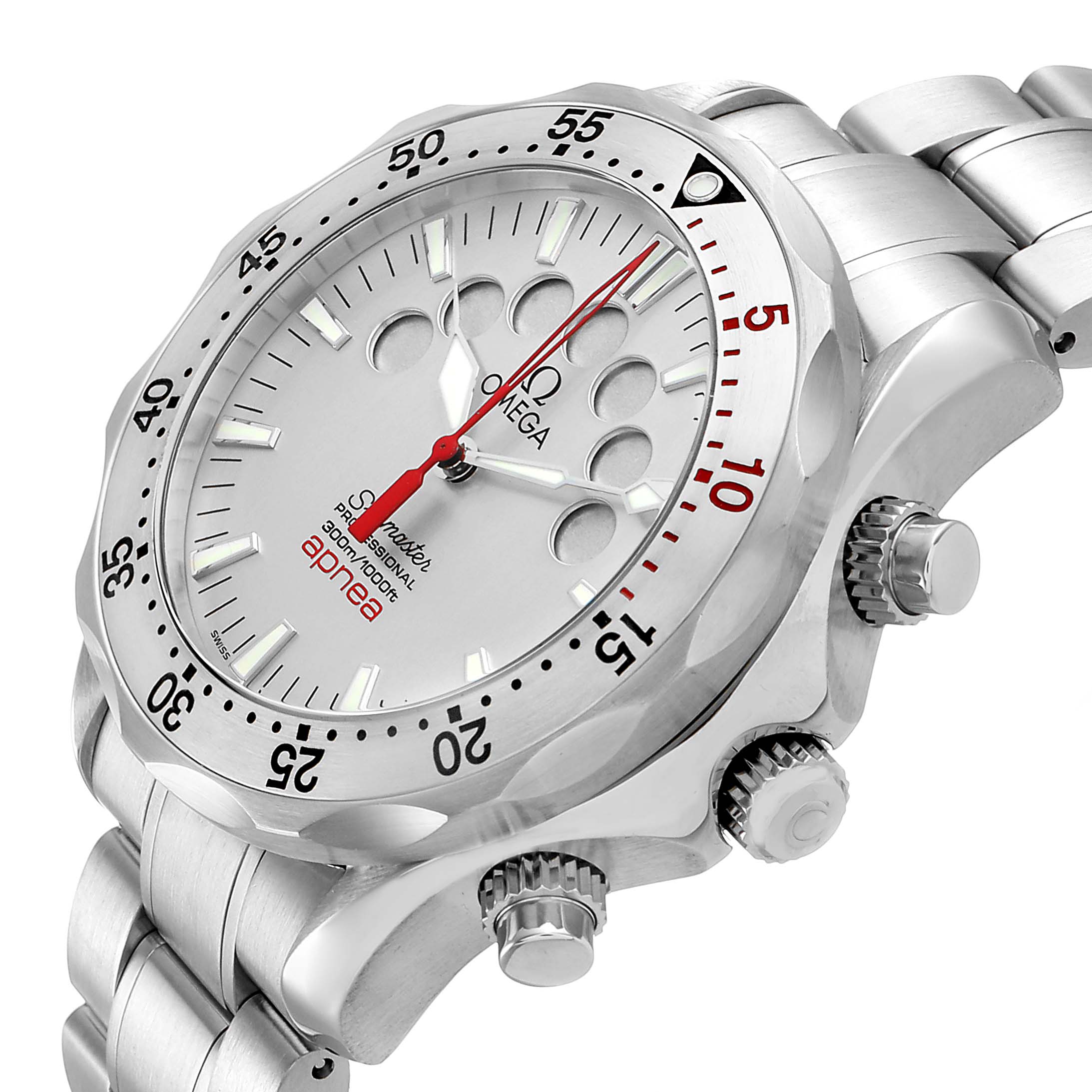 The Omega Seamaster 2595.30.00 Men's Stainless Steel Silver Dial is shown at an angled side view, highlighting its bezel, dial, and crown.