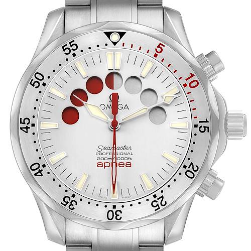 The image shows a front view of the Omega Seamaster 2595.30.00 Men's Stainless Steel Silver Dial watch, highlighting its bezel, face, and crowns.