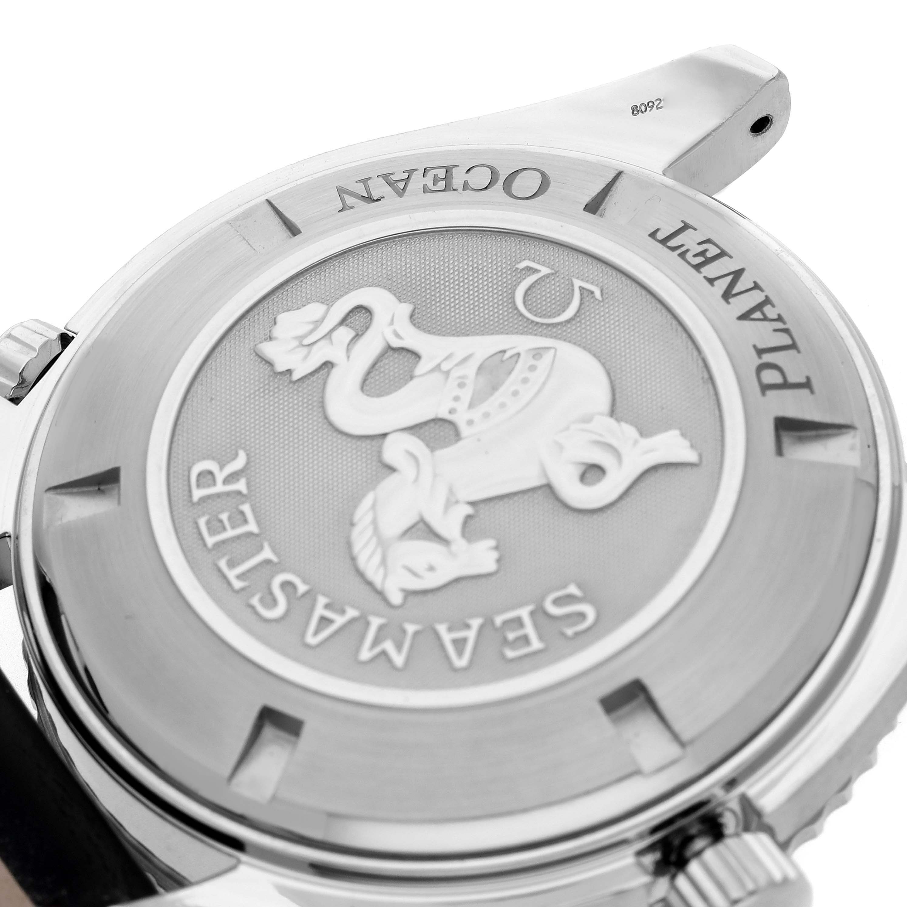 The image shows the case back of the Omega Planet Ocean 232.32.42.21.01.001 Men
s Stainless Steel Black Dial 232.32.42.21.01.001 Men
s Stainless Steel Black Dial model at an angled view, featuring the Seamasters emblem.