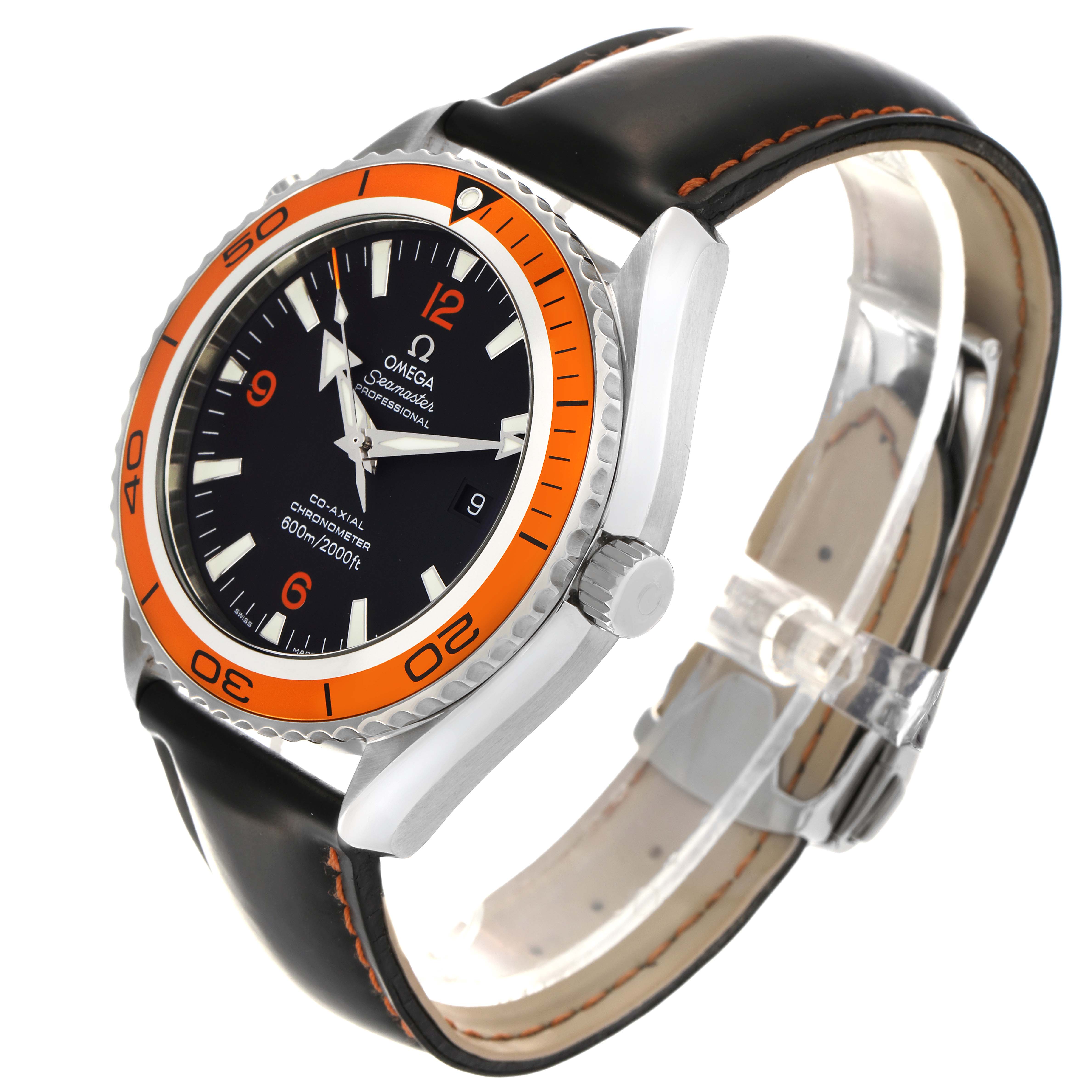 The Omega Planet Ocean 232.32.42.21.01.001 Men
s Stainless Steel Black Dial 232.32.42.21.01.001 Men
s Stainless Steel Black Dial watch is shown at a three-quarter angle, highlighting the case, bezel, dial, and strap.